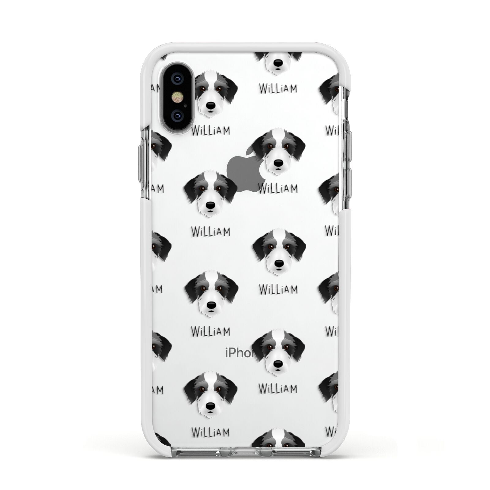 Bedlington Whippet Icon with Name Apple iPhone Xs Impact Case White Edge on Silver Phone