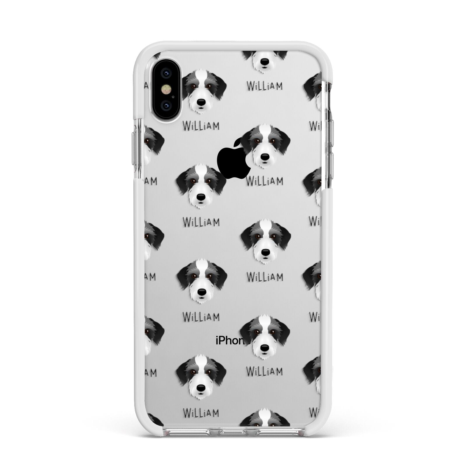 Bedlington Whippet Icon with Name Apple iPhone Xs Max Impact Case White Edge on Silver Phone