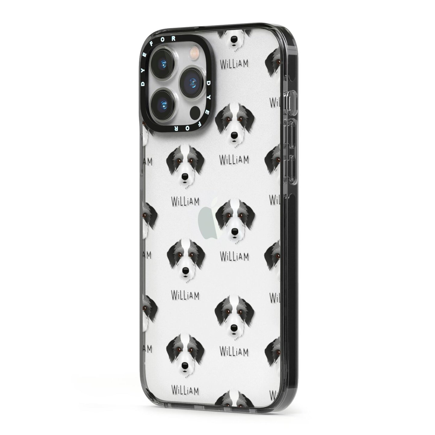 Bedlington Whippet Icon with Name iPhone 13 Pro Max Black Impact Case Side Angle on Silver phone