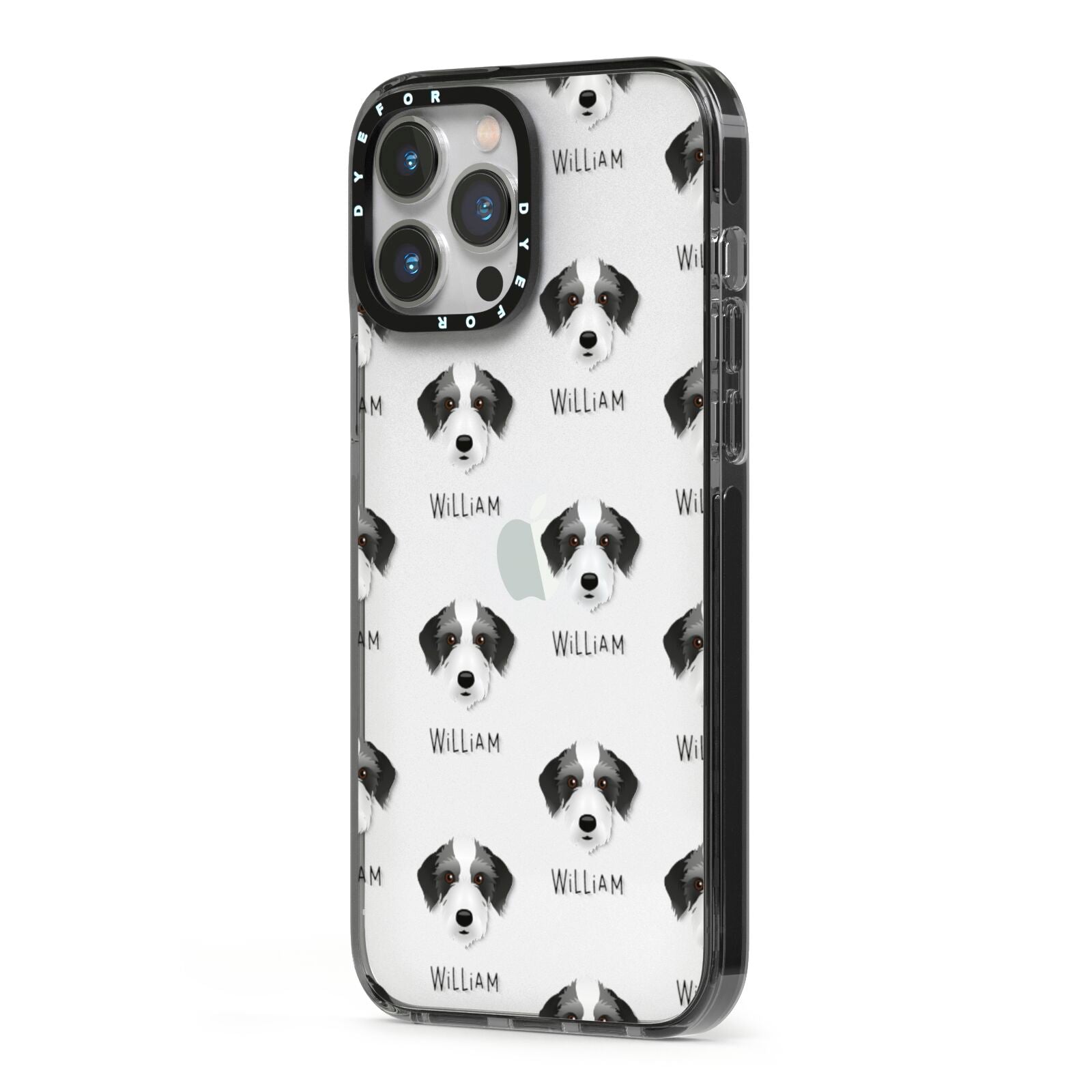 Bedlington Whippet Icon with Name iPhone 13 Pro Max Black Impact Case Side Angle on Silver phone