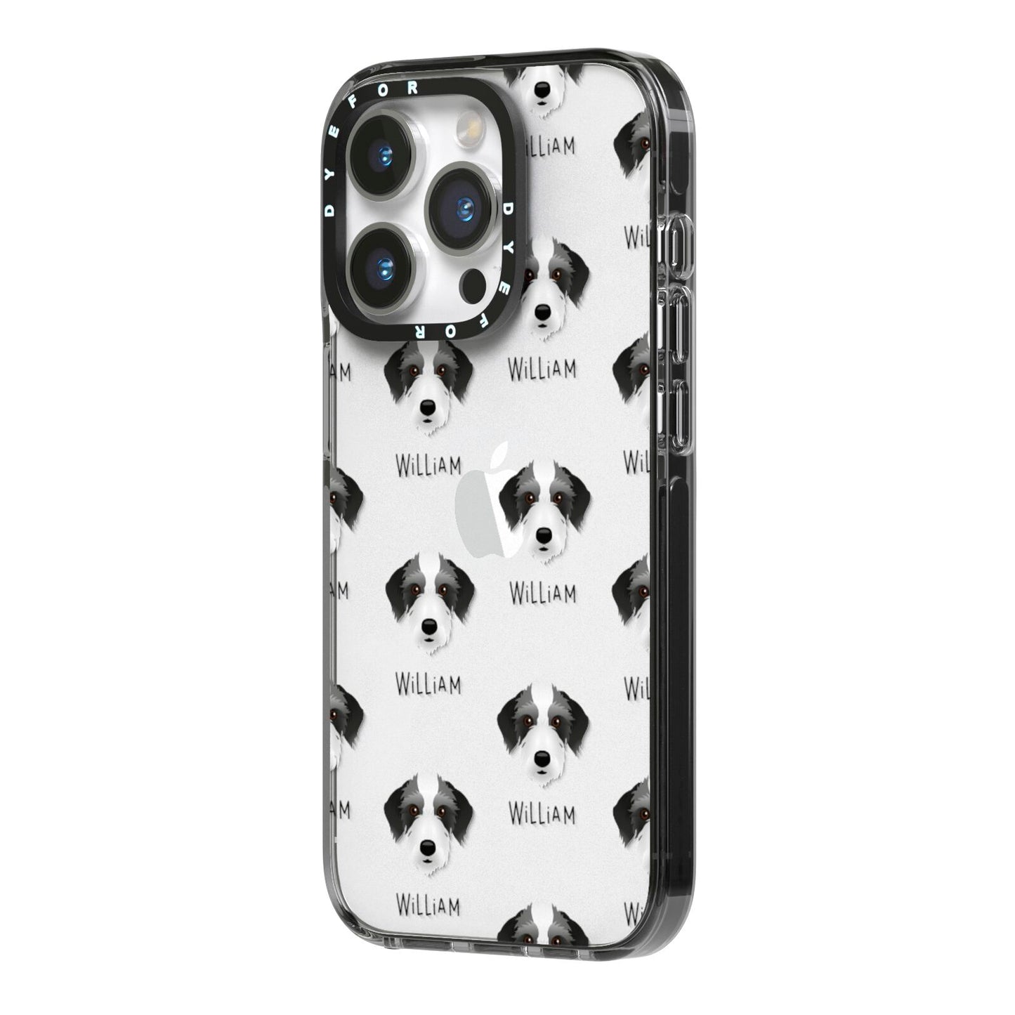 Bedlington Whippet Icon with Name iPhone 14 Pro Black Impact Case Side Angle on Silver phone