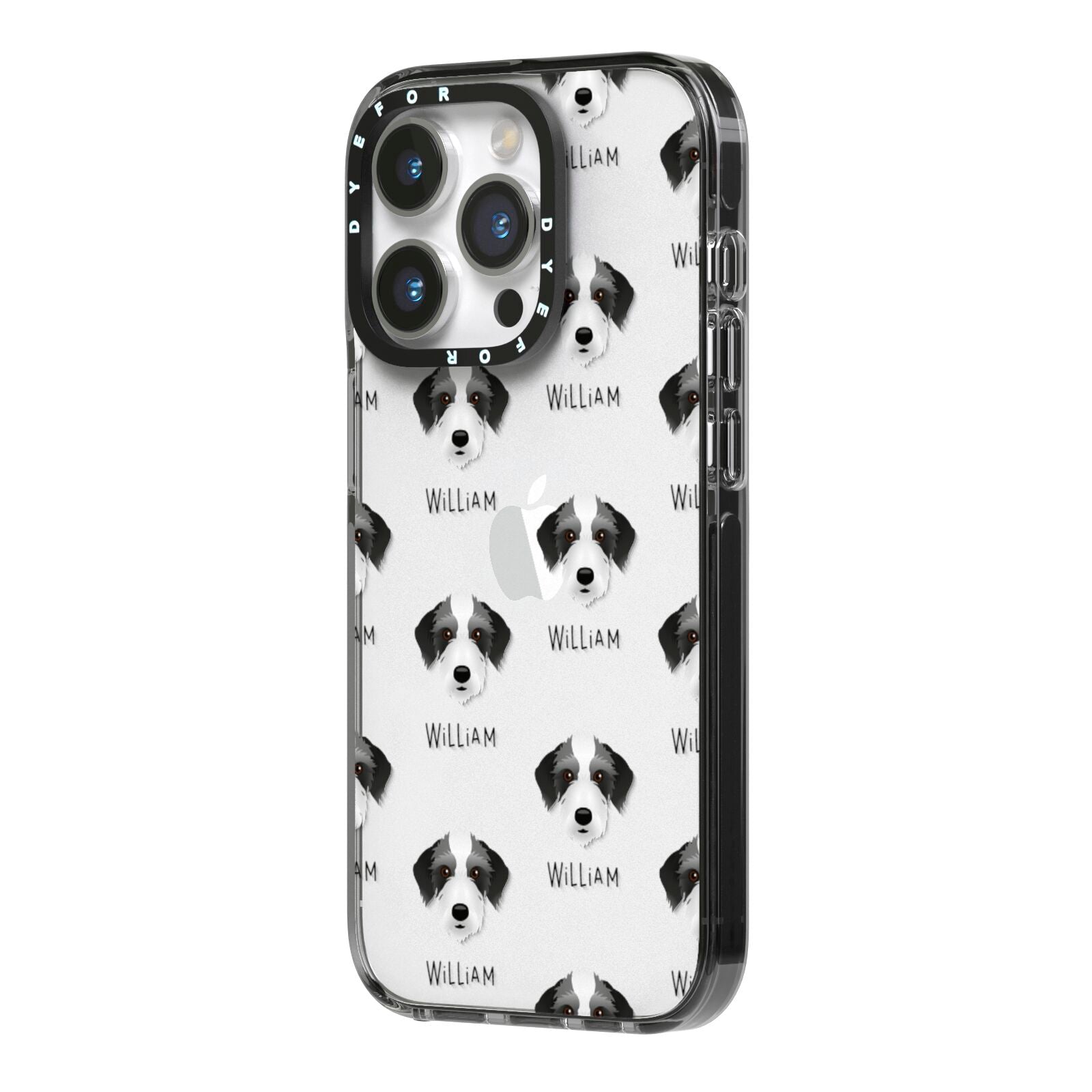 Bedlington Whippet Icon with Name iPhone 14 Pro Black Impact Case Side Angle on Silver phone
