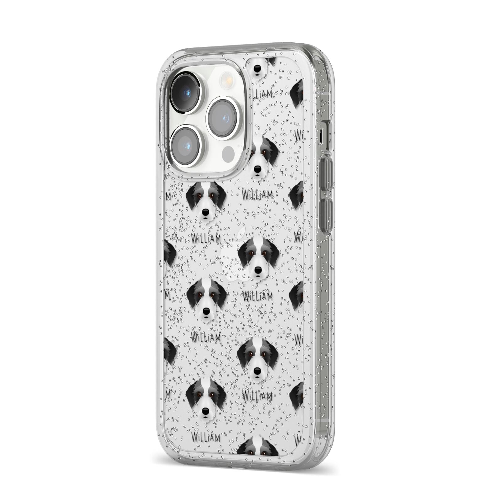 Bedlington Whippet Icon with Name iPhone 14 Pro Glitter Tough Case Silver Angled Image