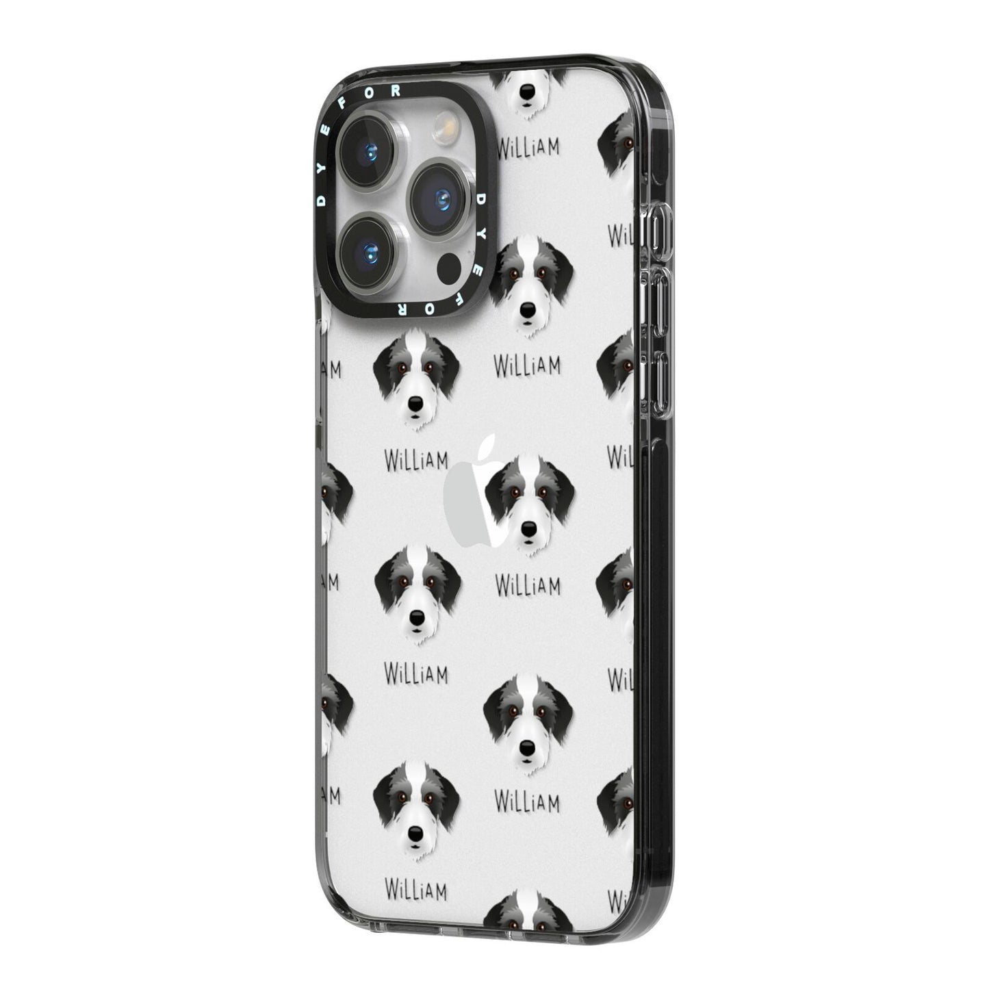 Bedlington Whippet Icon with Name iPhone 14 Pro Max Black Impact Case Side Angle on Silver phone
