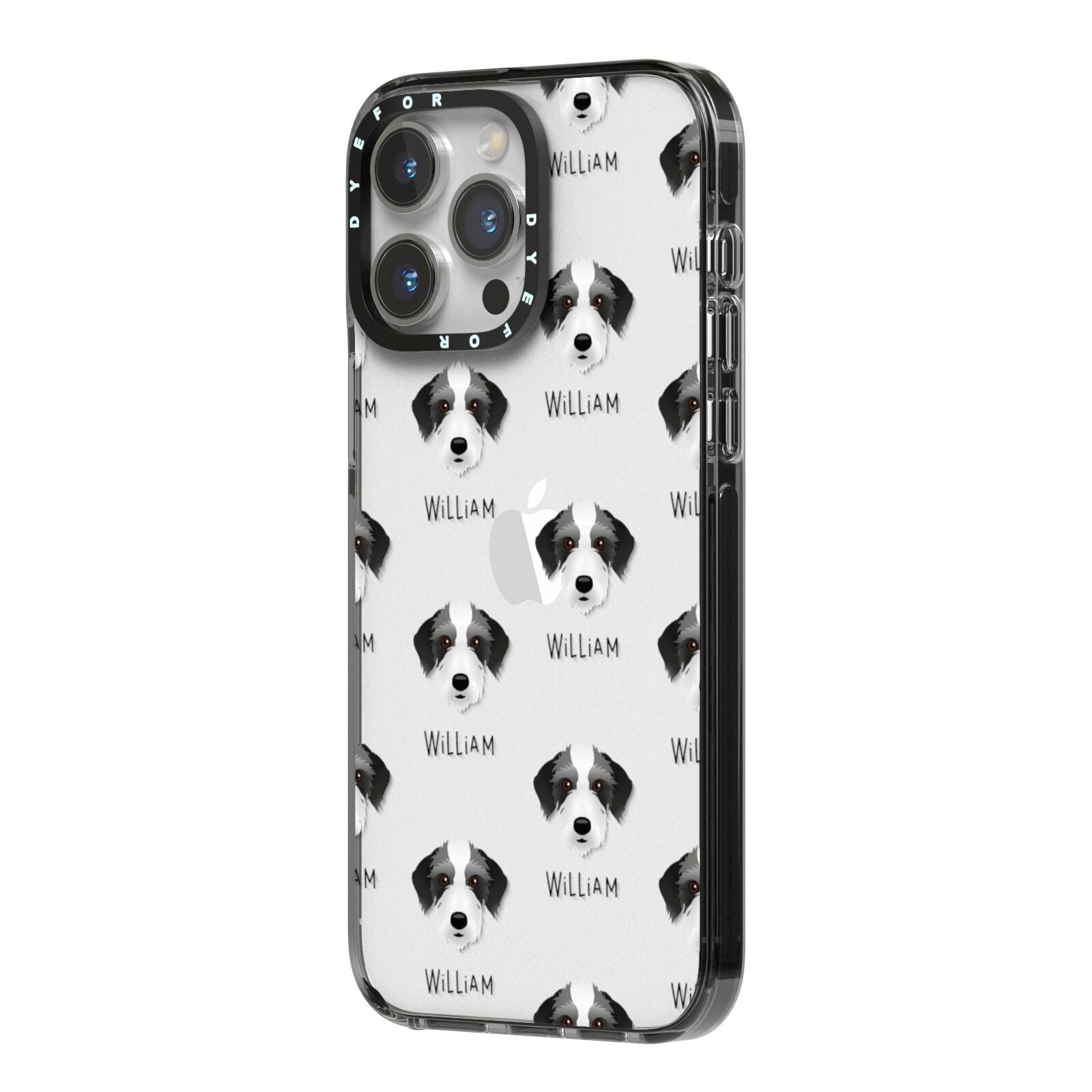 Bedlington Whippet Icon with Name iPhone 14 Pro Max Black Impact Case Side Angle on Silver phone
