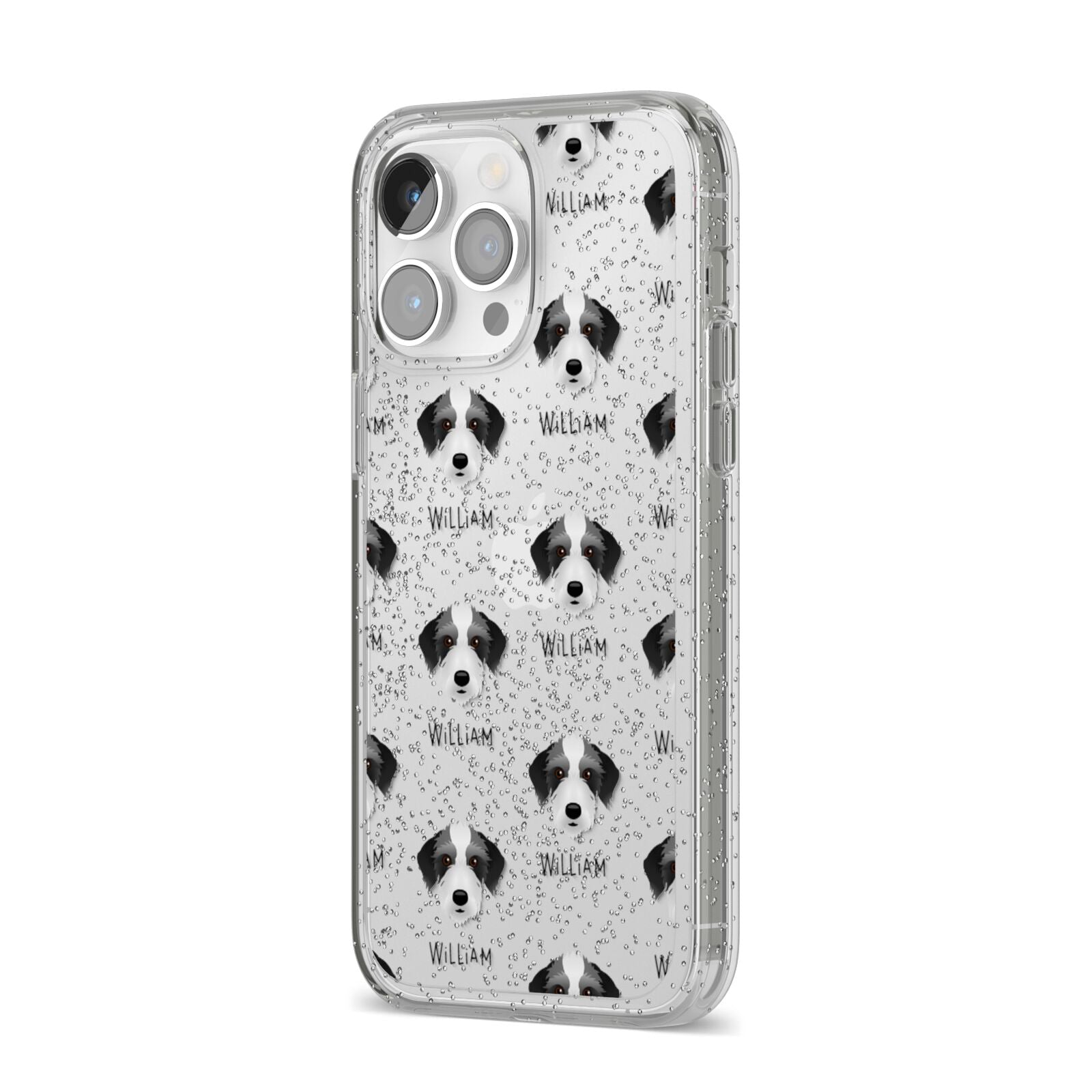 Bedlington Whippet Icon with Name iPhone 14 Pro Max Glitter Tough Case Silver Angled Image