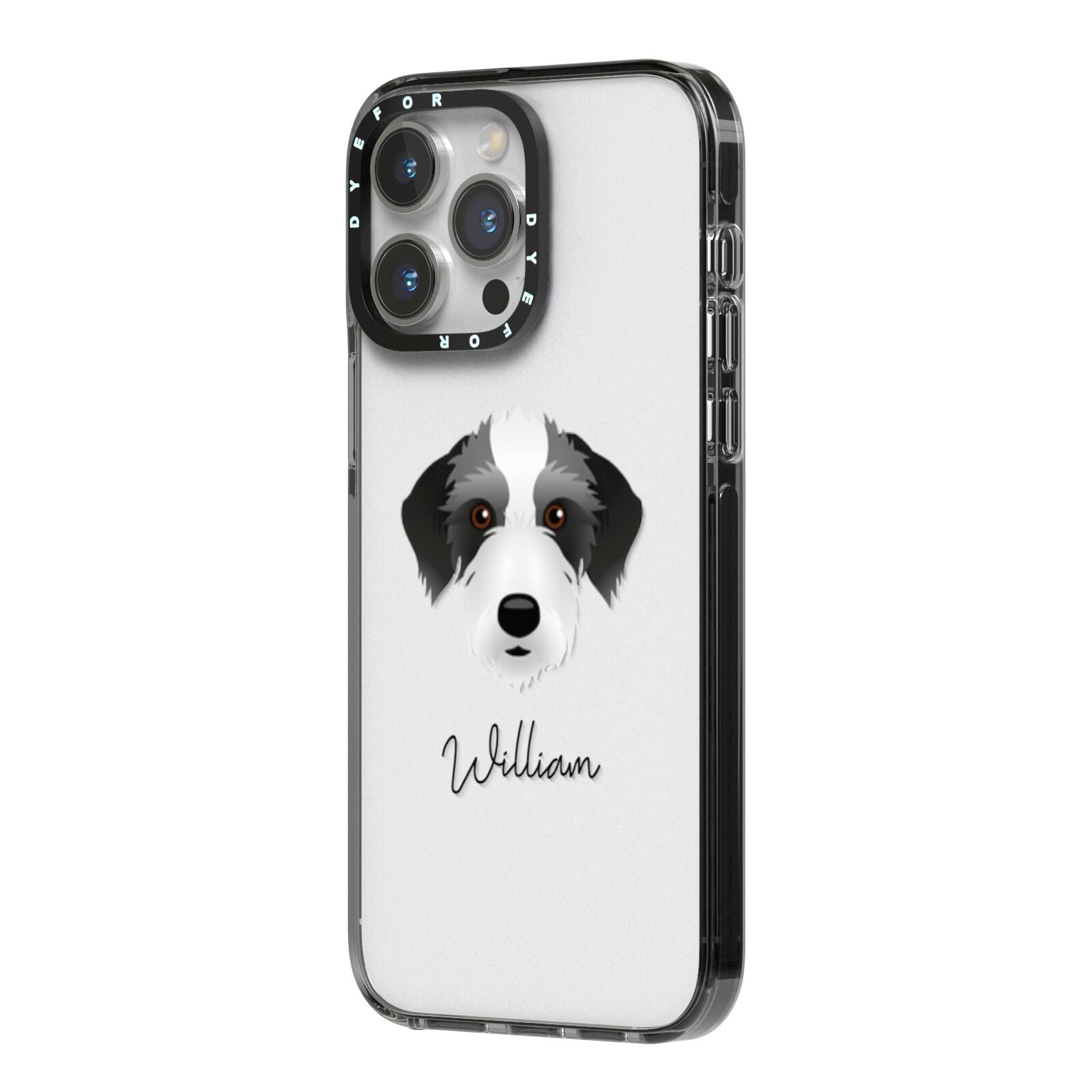 Bedlington Whippet Personalised iPhone 14 Pro Max Black Impact Case Side Angle on Silver phone