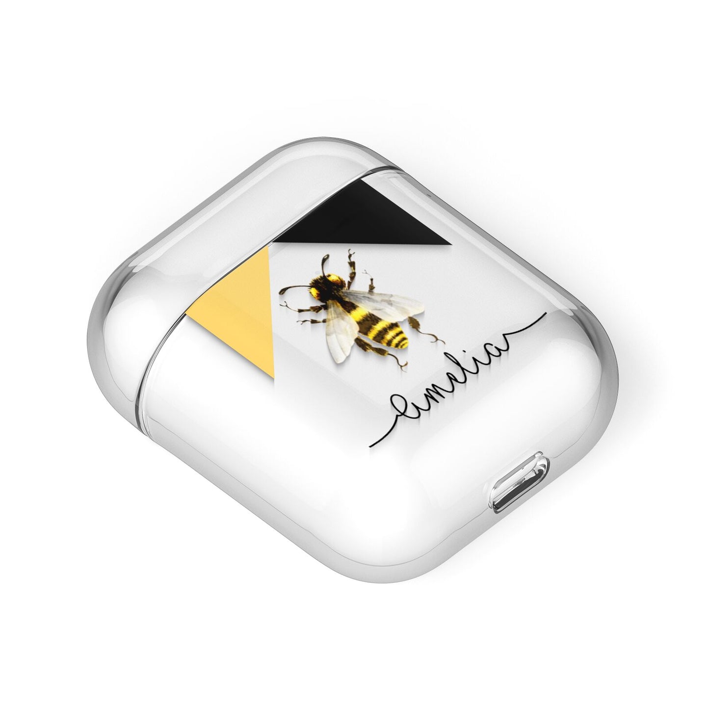 Bee Asymmetrical Background and Name AirPods Case Laid Flat