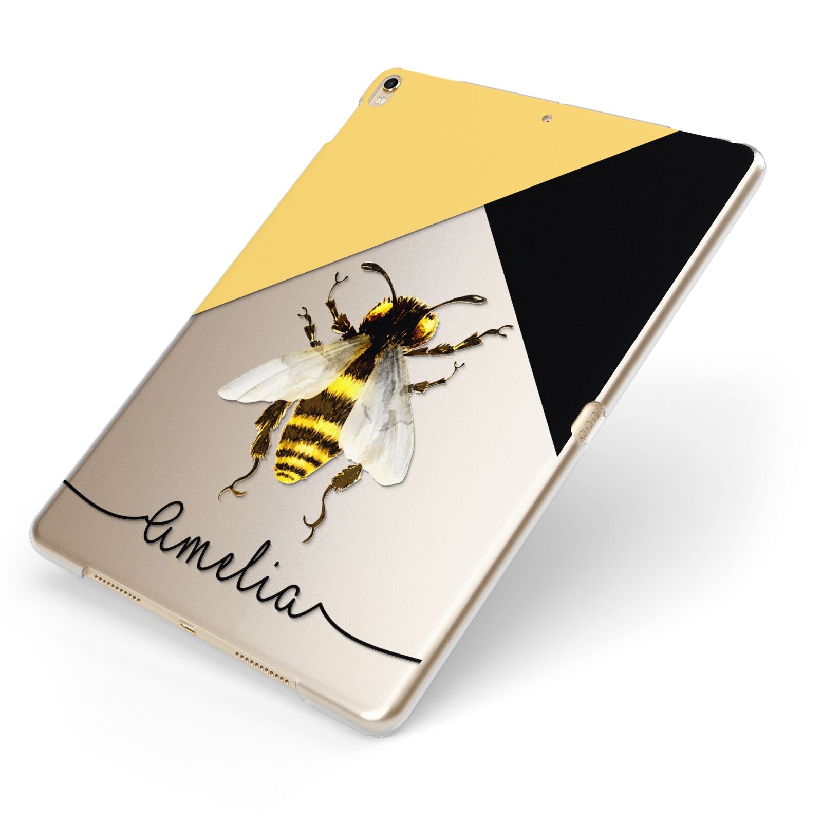 Bee Asymmetrical Background and Name Apple iPad Case on Gold iPad Side View