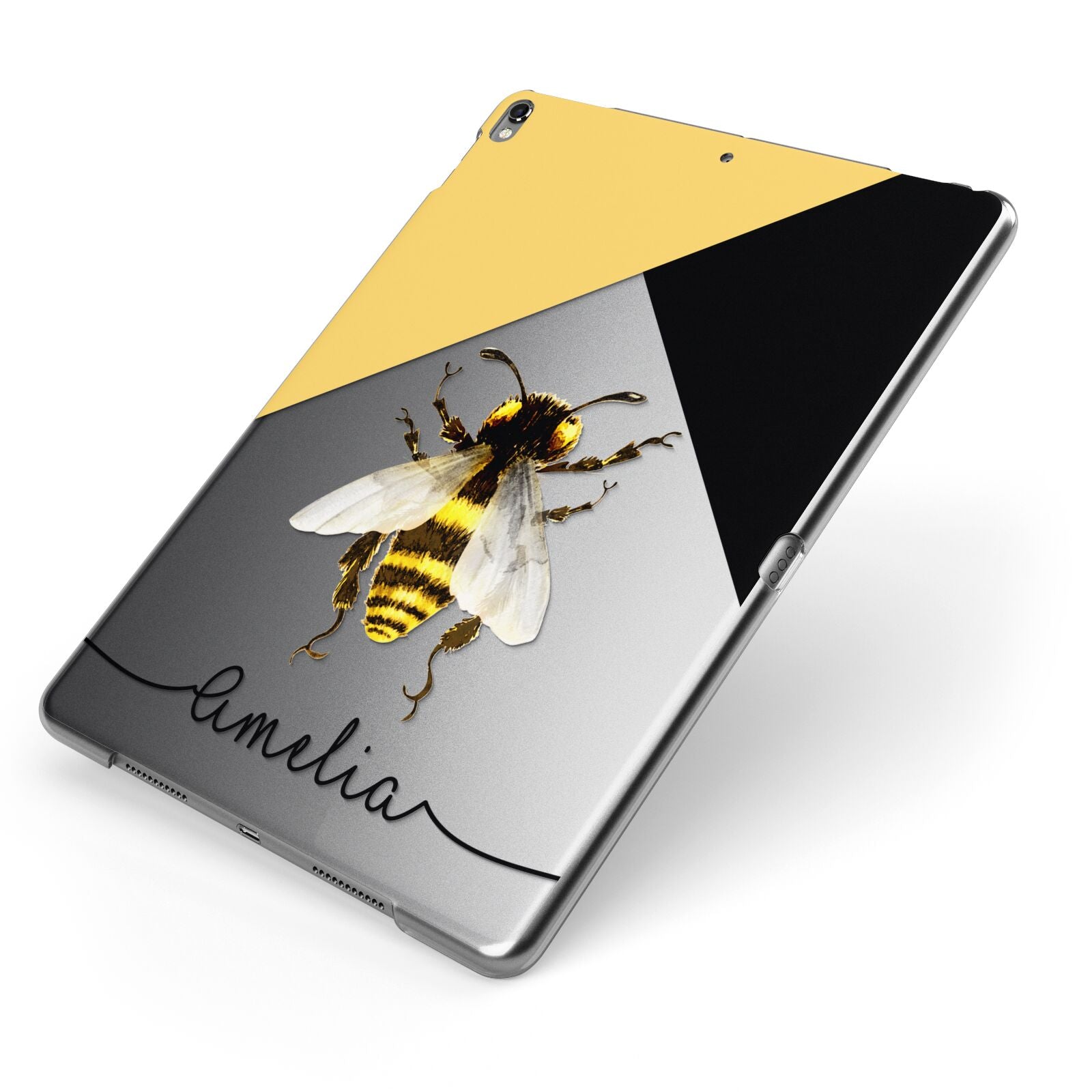 Bee Asymmetrical Background and Name Apple iPad Case on Grey iPad Side View