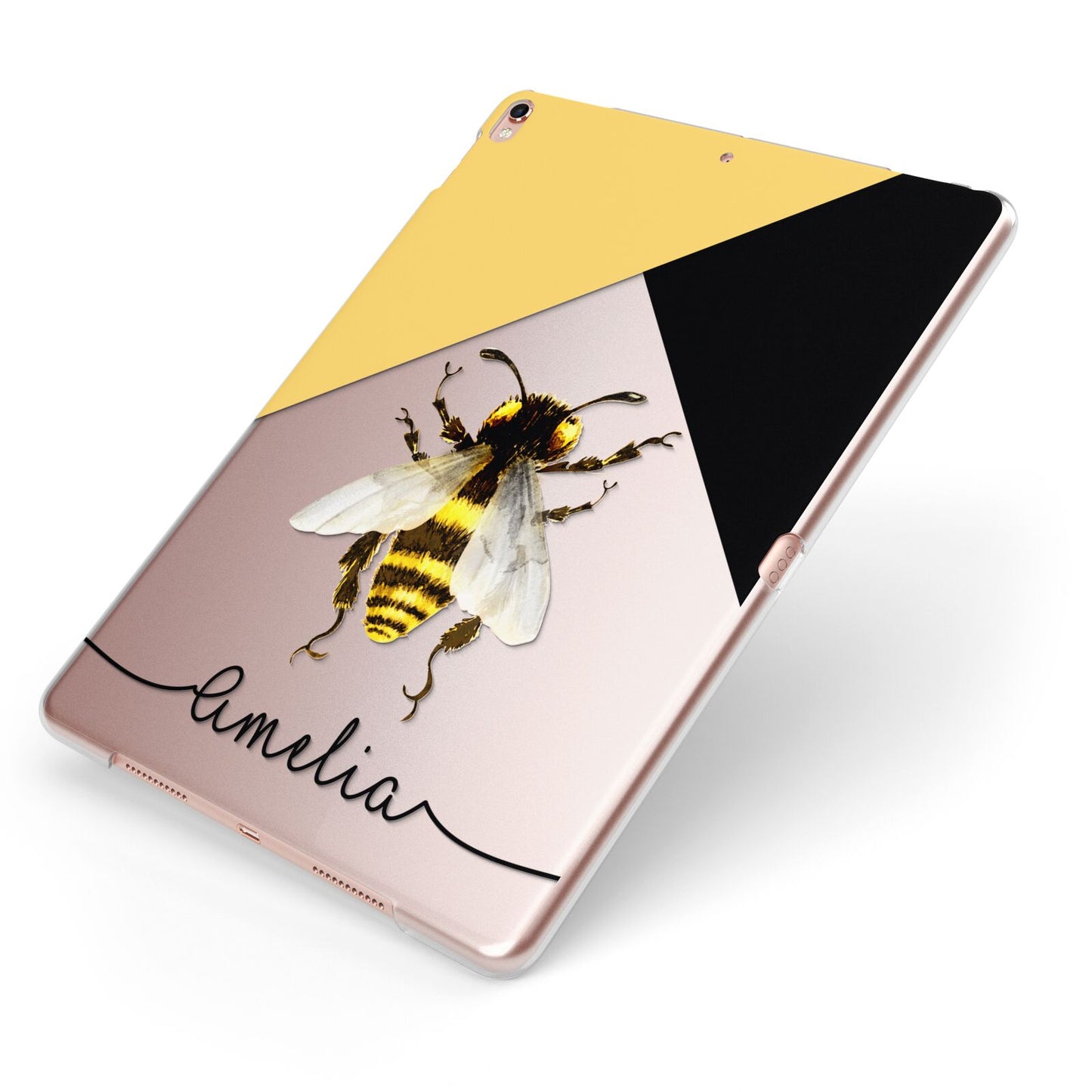 Bee Asymmetrical Background and Name Apple iPad Case on Rose Gold iPad Side View