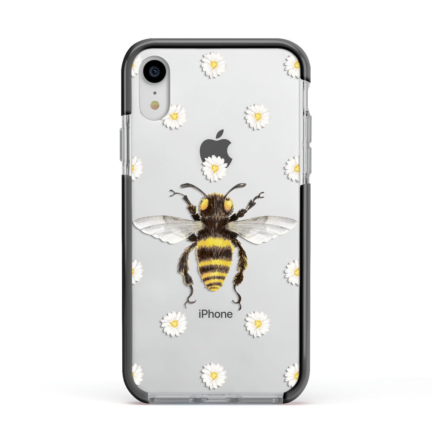 Bee Illustration with Daisies Apple iPhone XR Impact Case Black Edge on Silver Phone