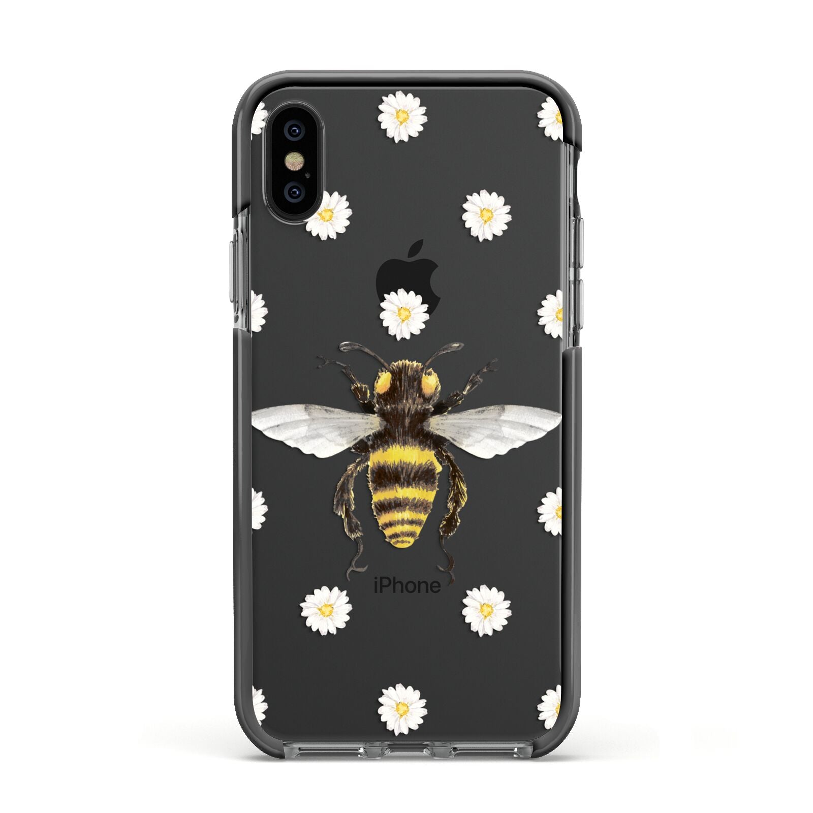 Bee Illustration with Daisies Apple iPhone Xs Impact Case Black Edge on Black Phone