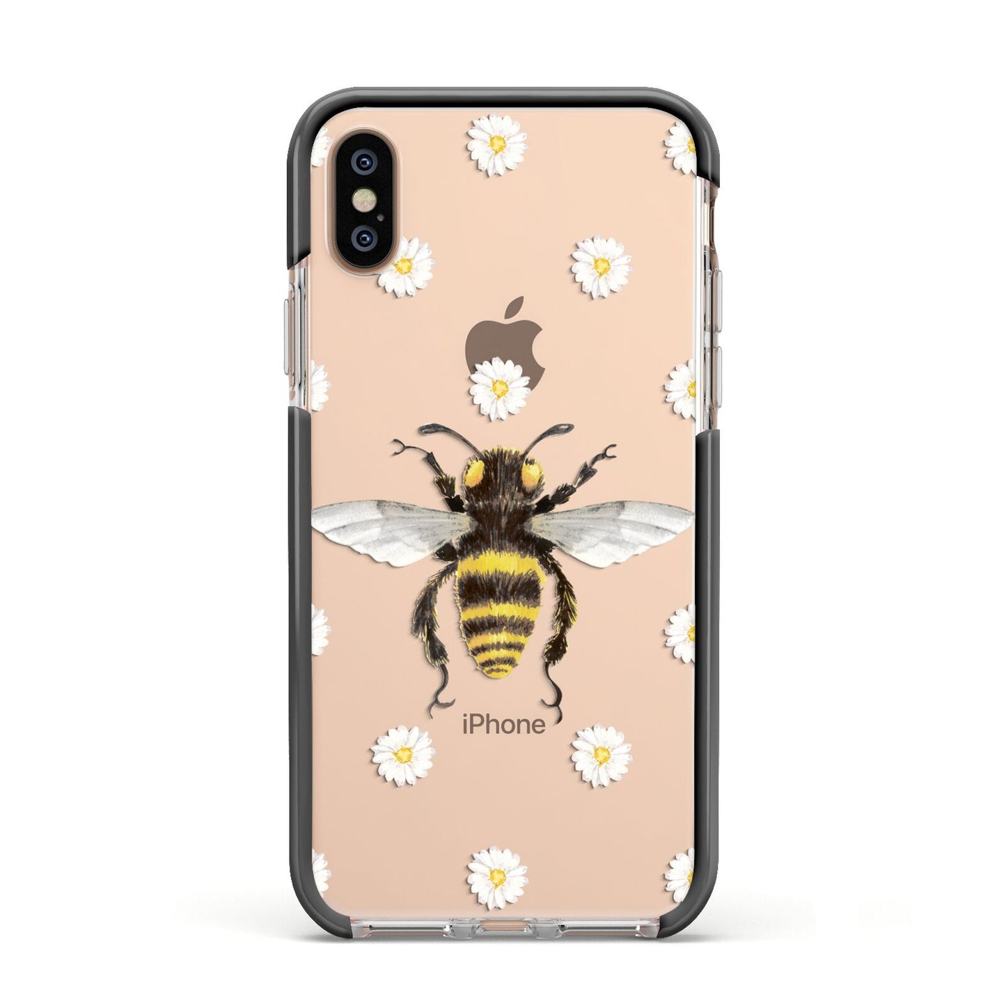 Bee Illustration with Daisies Apple iPhone Xs Impact Case Black Edge on Gold Phone