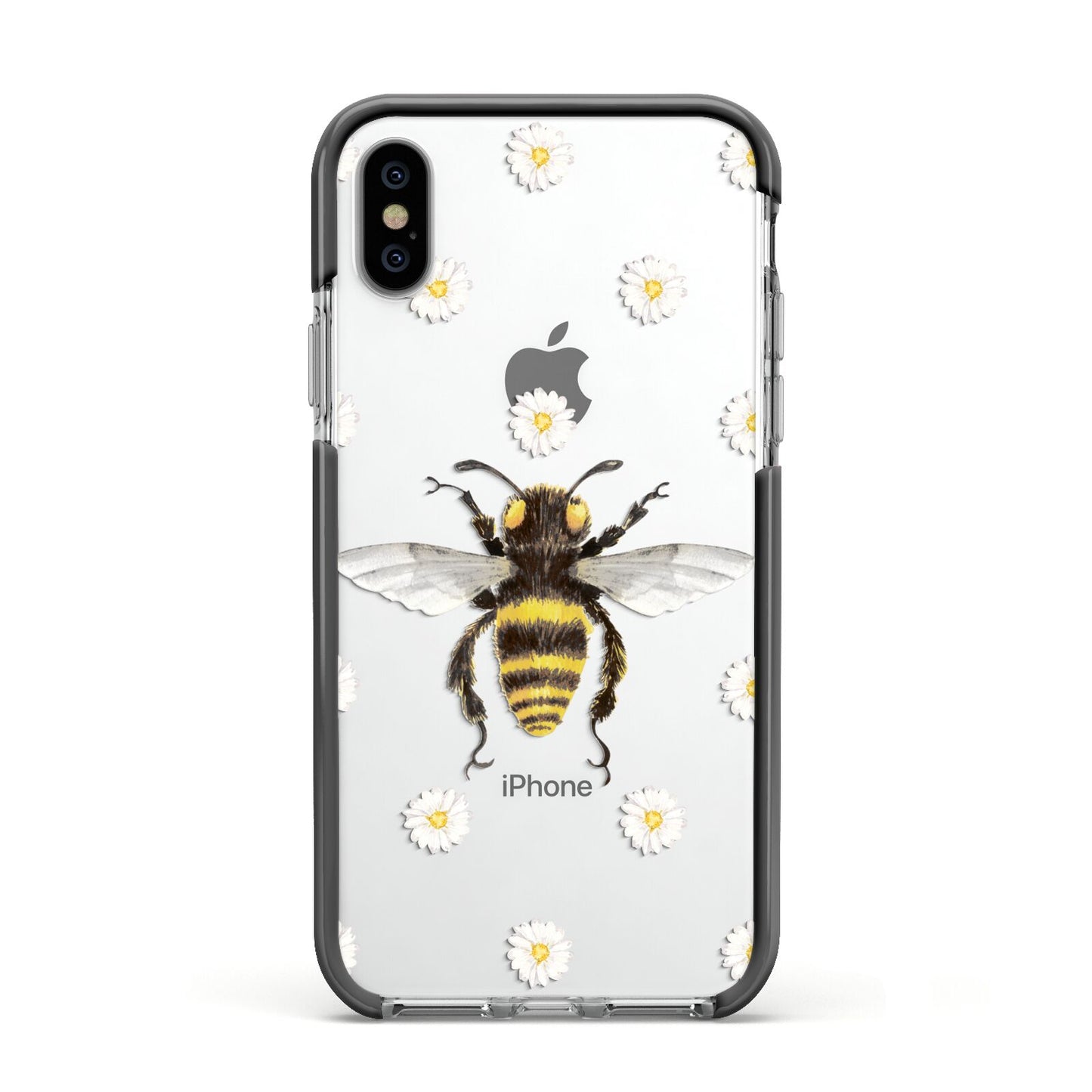 Bee Illustration with Daisies Apple iPhone Xs Impact Case Black Edge on Silver Phone