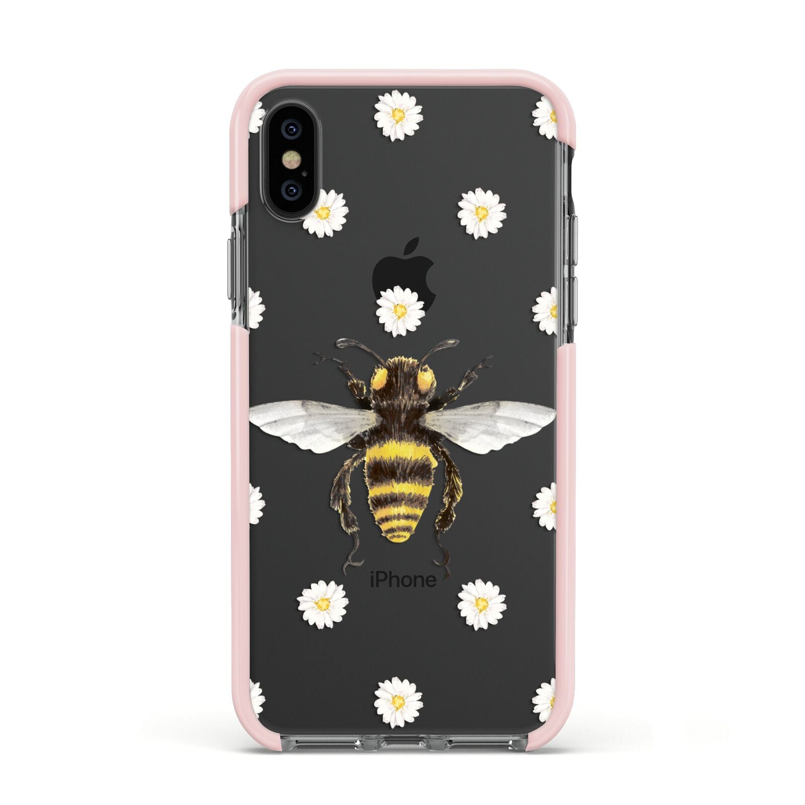 Bee Illustration with Daisies Apple iPhone Xs Impact Case Pink Edge on Black Phone