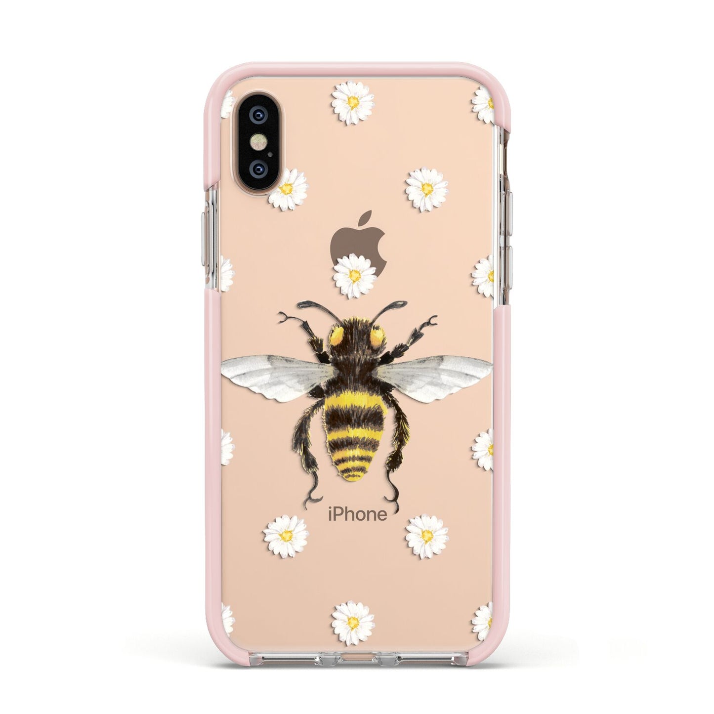 Bee Illustration with Daisies Apple iPhone Xs Impact Case Pink Edge on Gold Phone