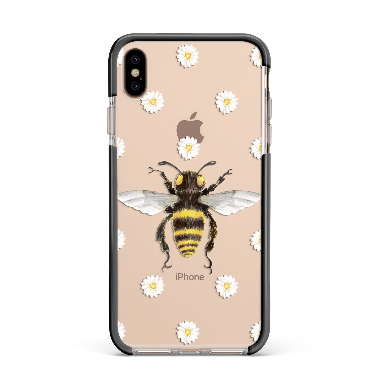 Bee Illustration with Daisies Apple iPhone Xs Max Impact Case Black Edge on Gold Phone