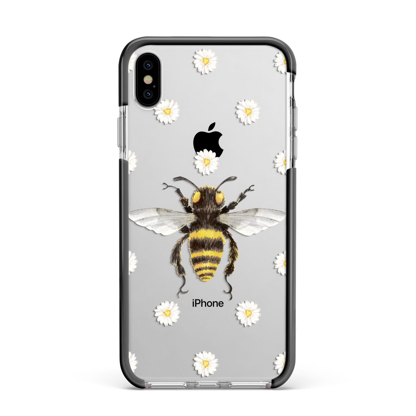 Bee Illustration with Daisies Apple iPhone Xs Max Impact Case Black Edge on Silver Phone