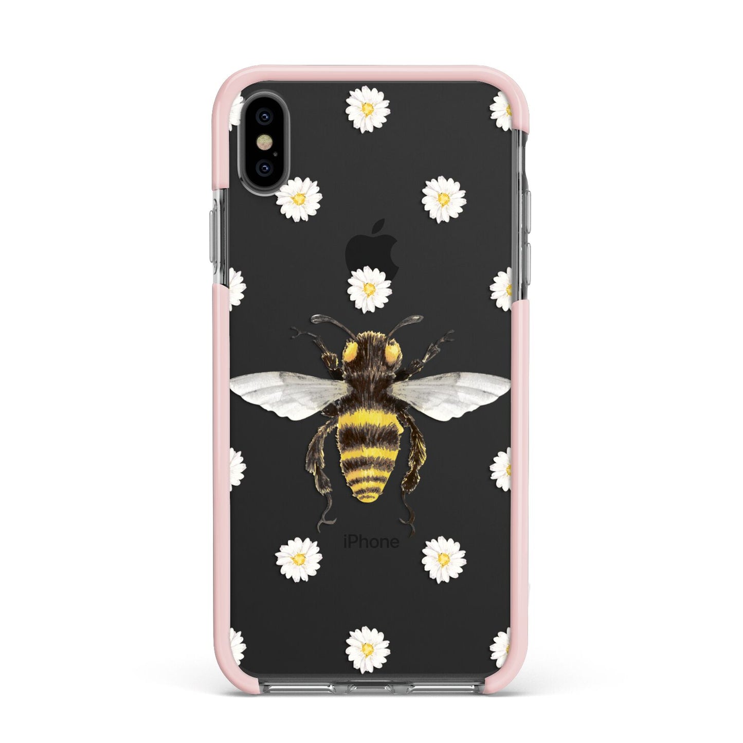 Bee Illustration with Daisies Apple iPhone Xs Max Impact Case Pink Edge on Black Phone