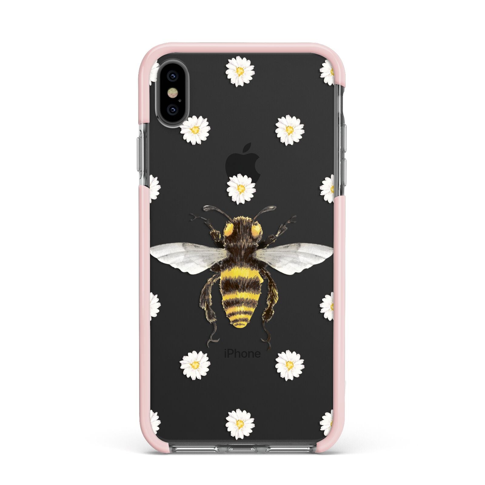 Bee Illustration with Daisies Apple iPhone Xs Max Impact Case Pink Edge on Black Phone
