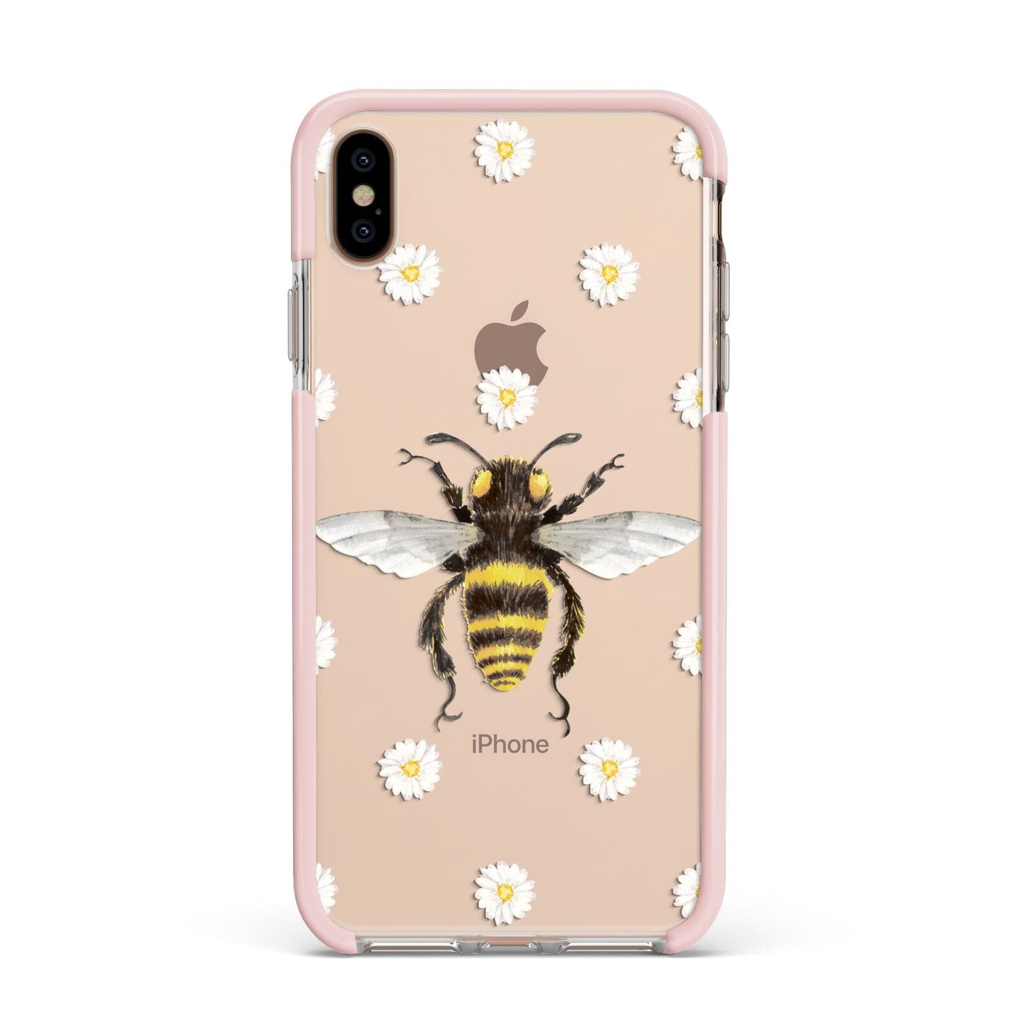 Bee Illustration with Daisies Apple iPhone Xs Max Impact Case Pink Edge on Gold Phone