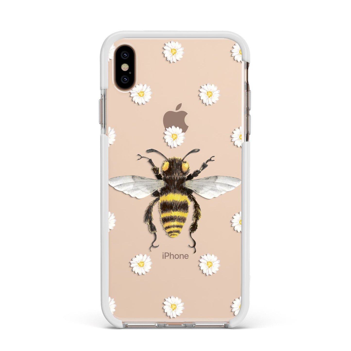 Bee Illustration with Daisies Apple iPhone Xs Max Impact Case White Edge on Gold Phone