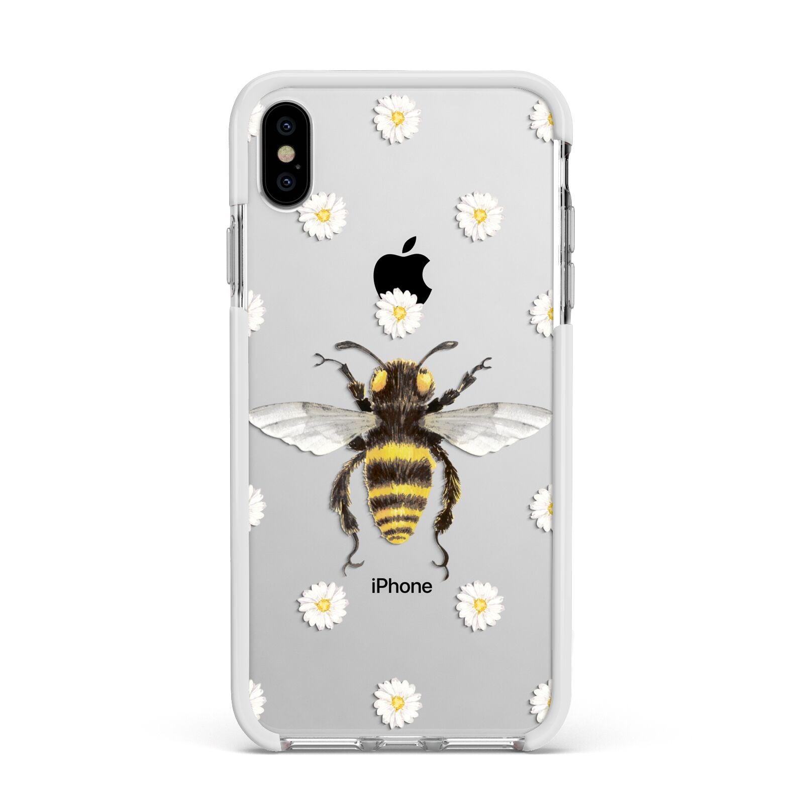Bee Illustration with Daisies Apple iPhone Xs Max Impact Case White Edge on Silver Phone