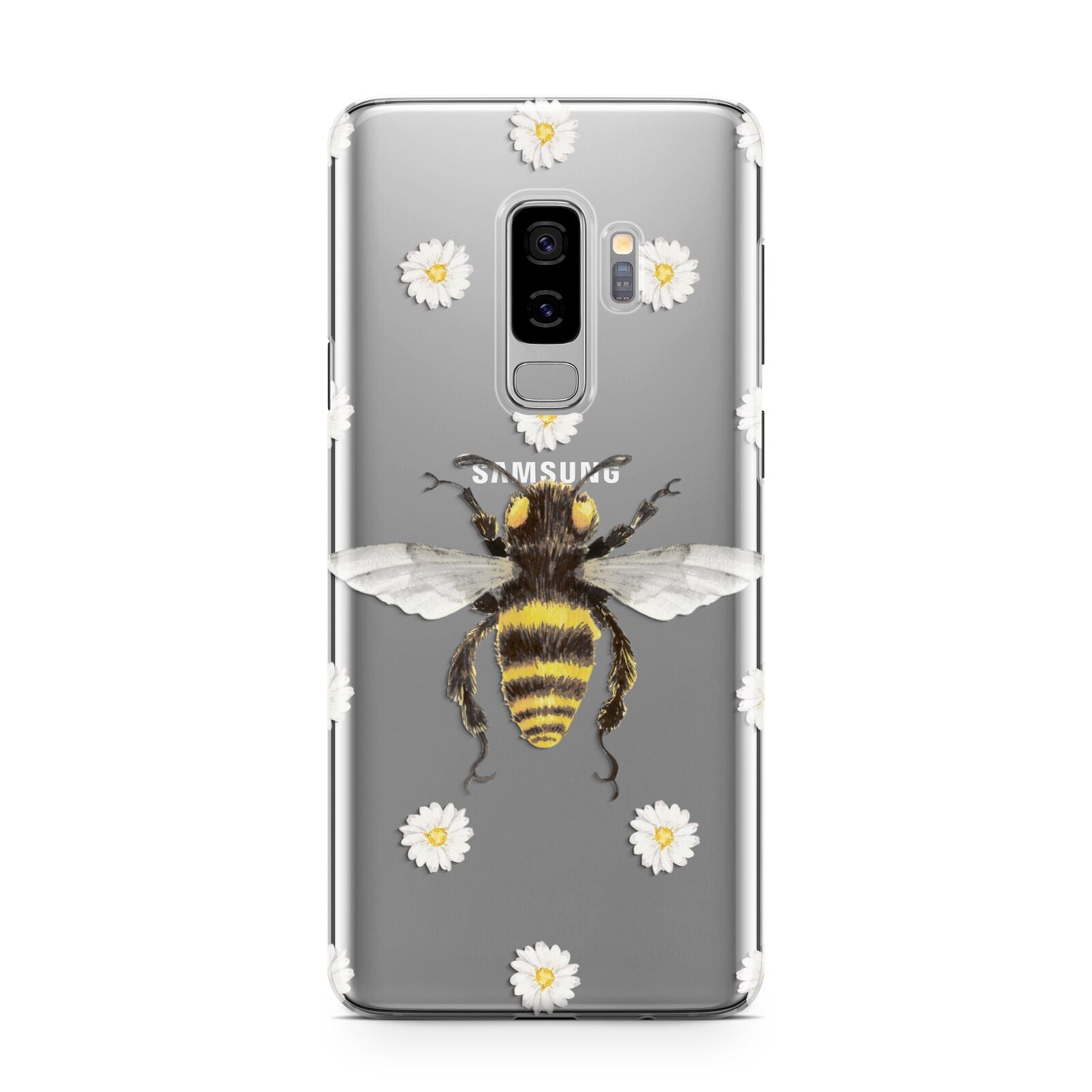 Bee Illustration with Daisies Samsung Galaxy S9 Plus Case on Silver phone