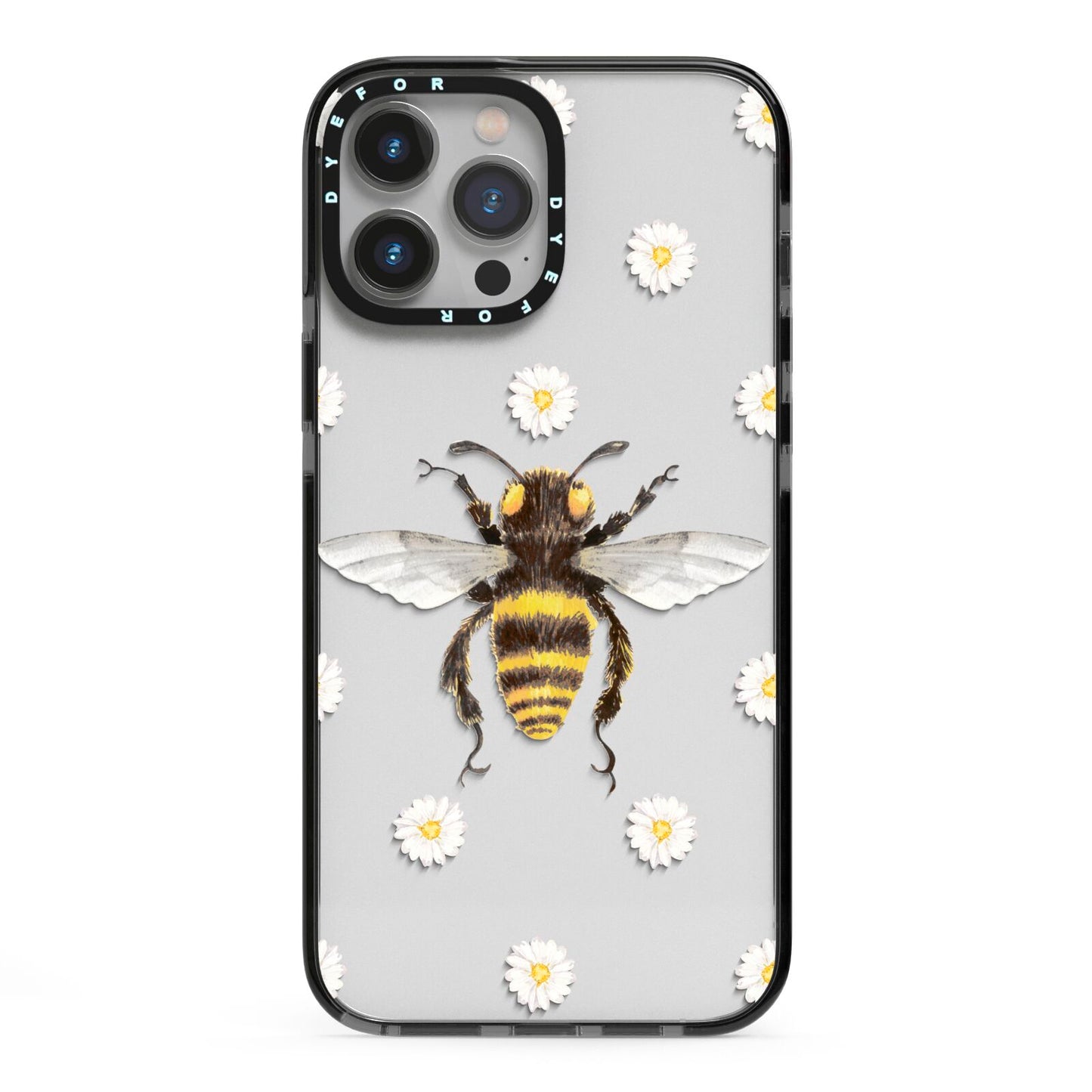 Bee Illustration with Daisies iPhone 13 Pro Max Black Impact Case on Silver phone
