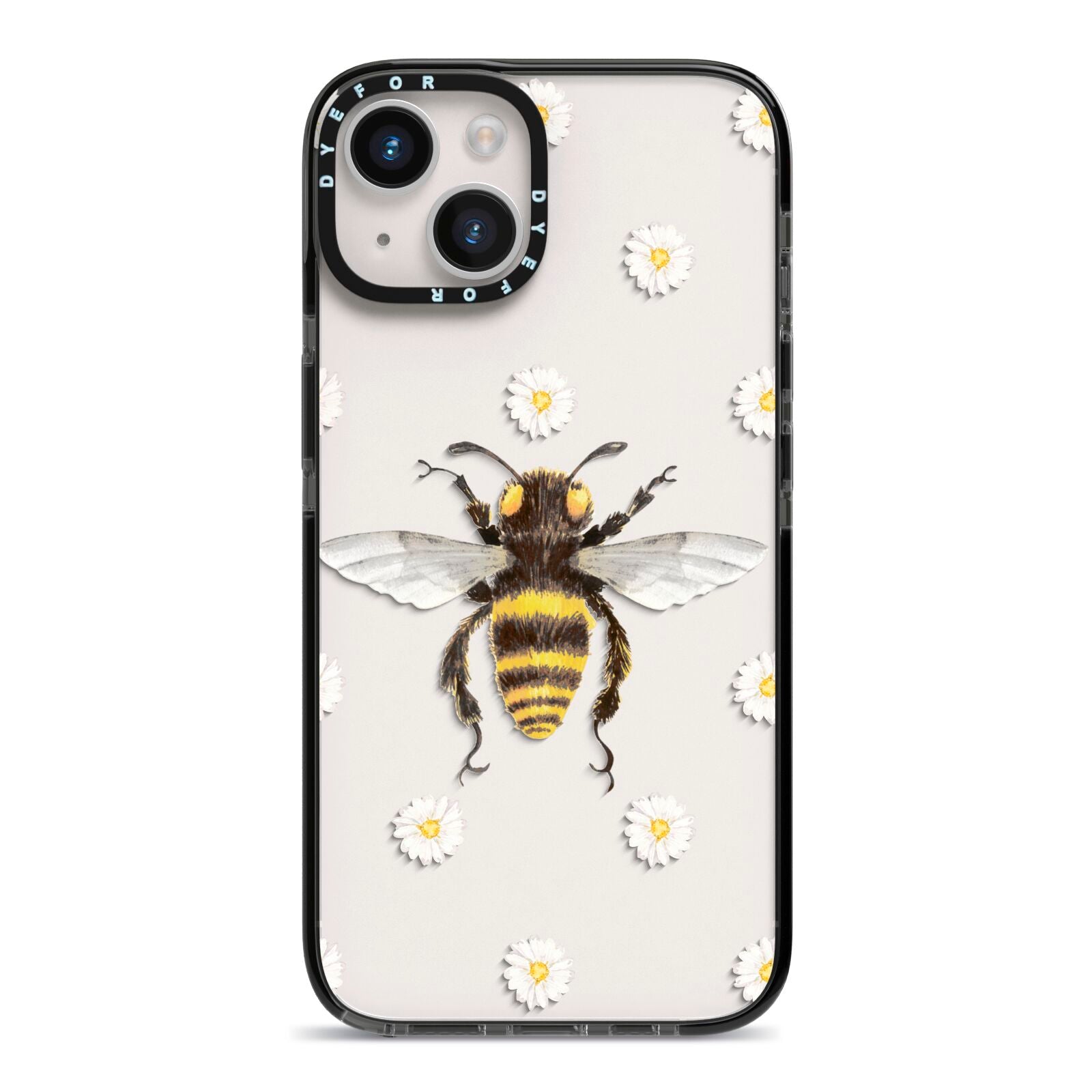 Bee Illustration with Daisies iPhone 14 Black Impact Case on Silver phone