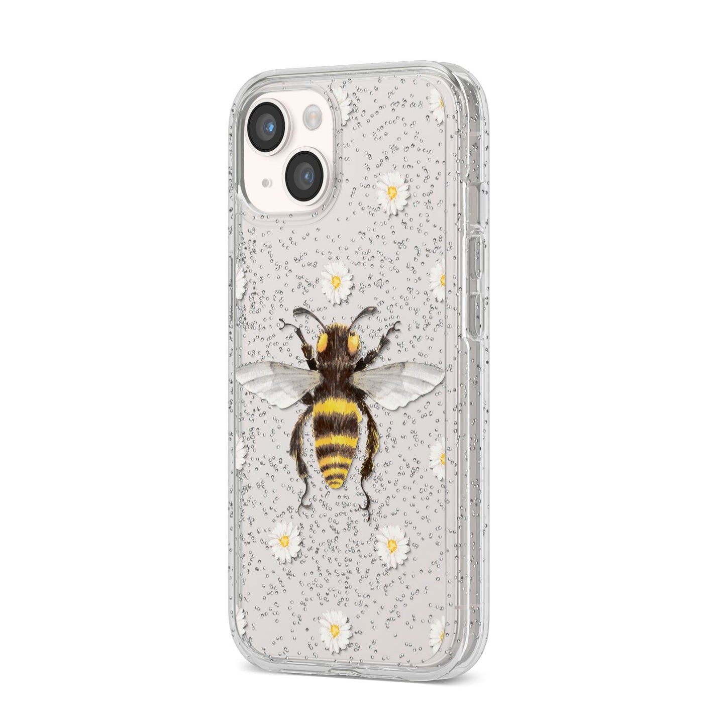Bee Illustration with Daisies iPhone 14 Glitter Tough Case Starlight Angled Image
