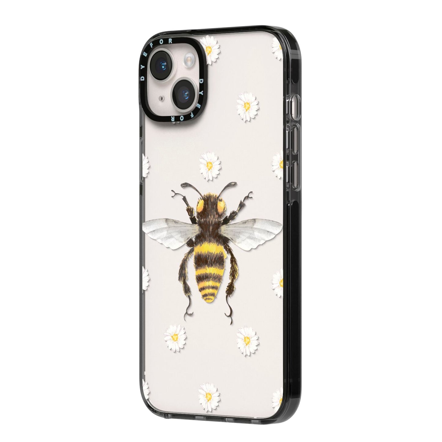 Bee Illustration with Daisies iPhone 14 Plus Black Impact Case Side Angle on Silver phone