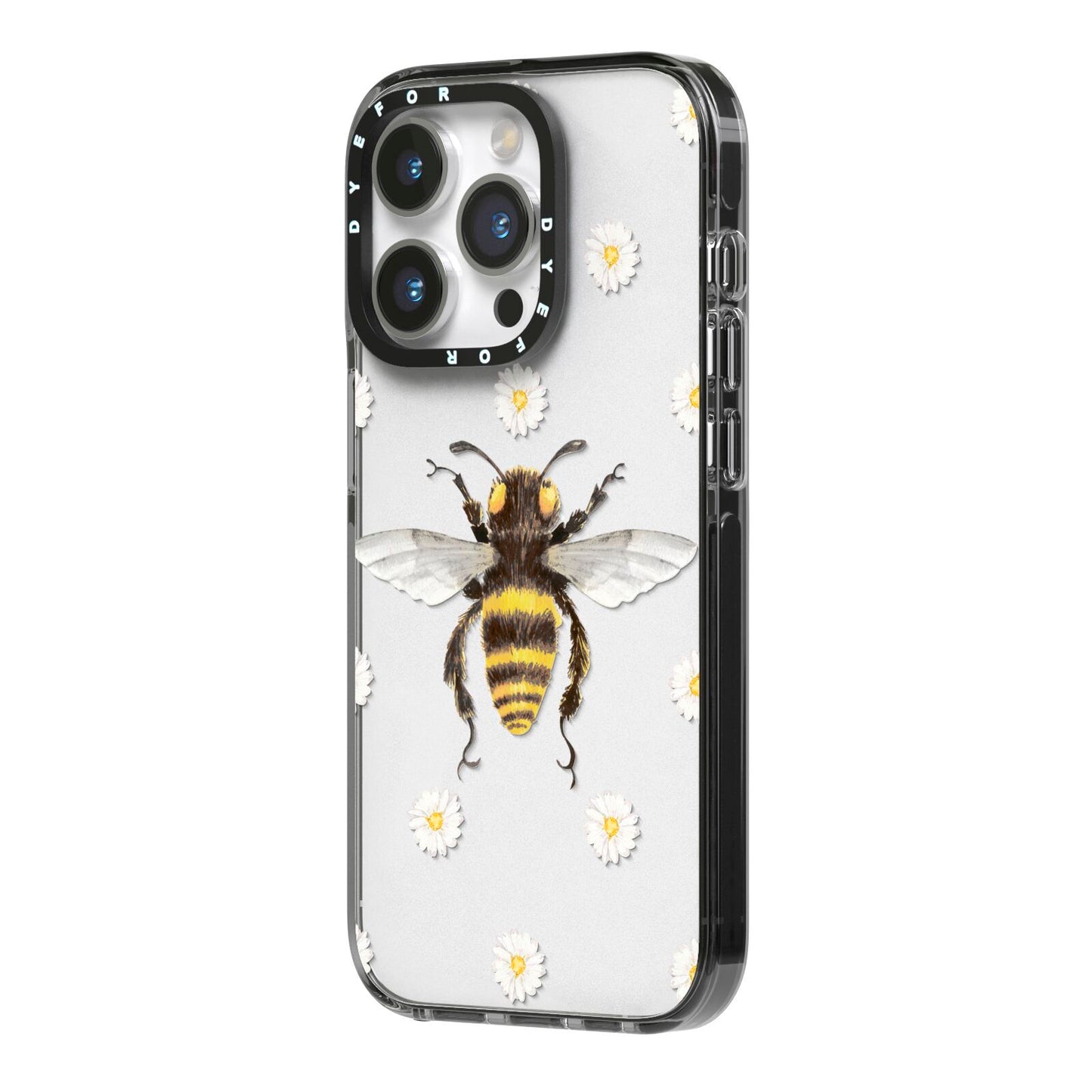 Bee Illustration with Daisies iPhone 14 Pro Black Impact Case Side Angle on Silver phone