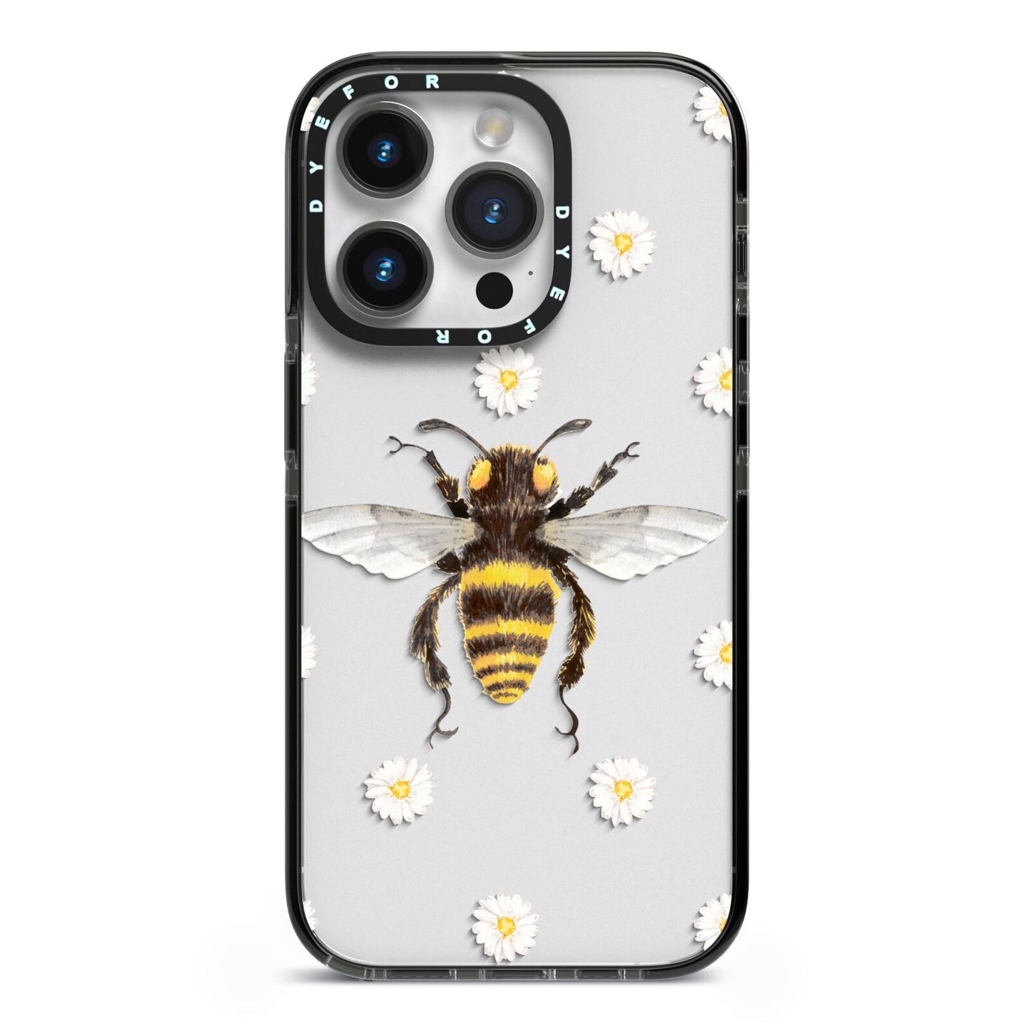 Bee Illustration with Daisies iPhone 14 Pro Black Impact Case on Silver phone