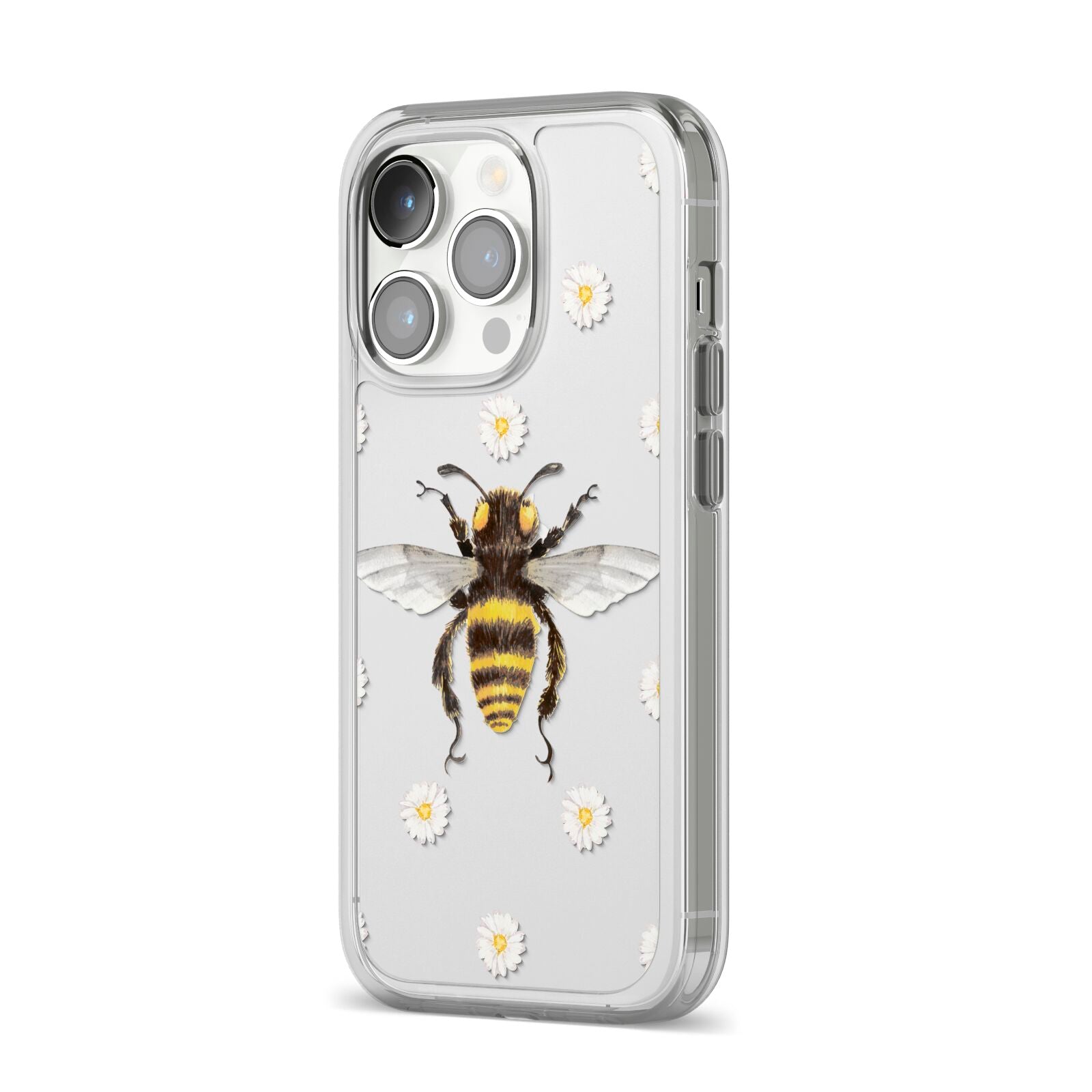 Bee Illustration with Daisies iPhone 14 Pro Clear Tough Case Silver Angled Image