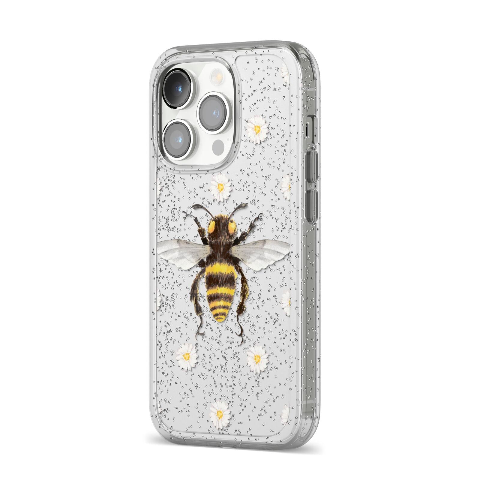 Bee Illustration with Daisies iPhone 14 Pro Glitter Tough Case Silver Angled Image