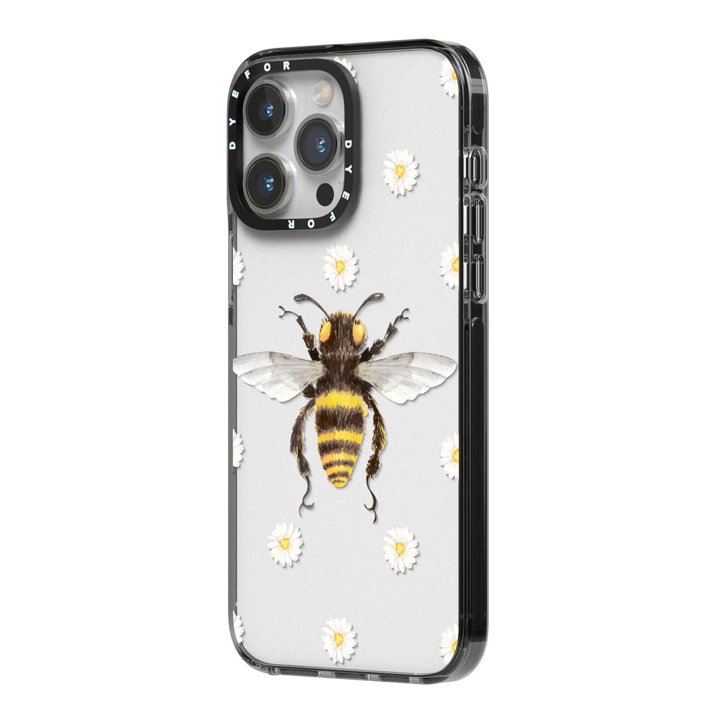 Bee Illustration with Daisies iPhone 14 Pro Max Black Impact Case Side Angle on Silver phone
