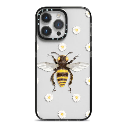 Bee Illustration with Daisies iPhone 14 Pro Max Black Impact Case on Silver phone