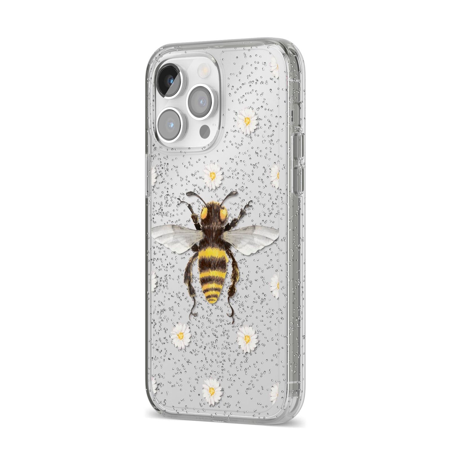 Bee Illustration with Daisies iPhone 14 Pro Max Glitter Tough Case Silver Angled Image