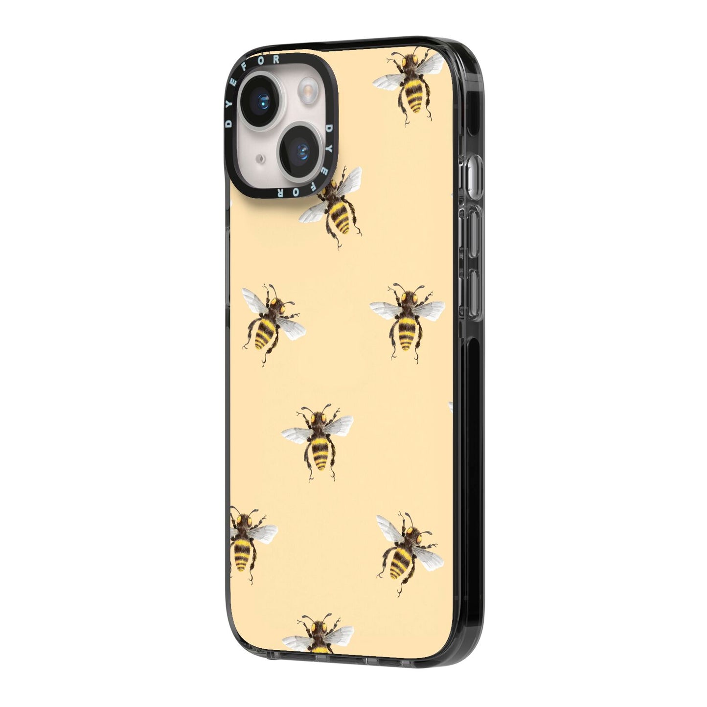 Bee Illustrations iPhone 14 Black Impact Case Side Angle on Silver phone