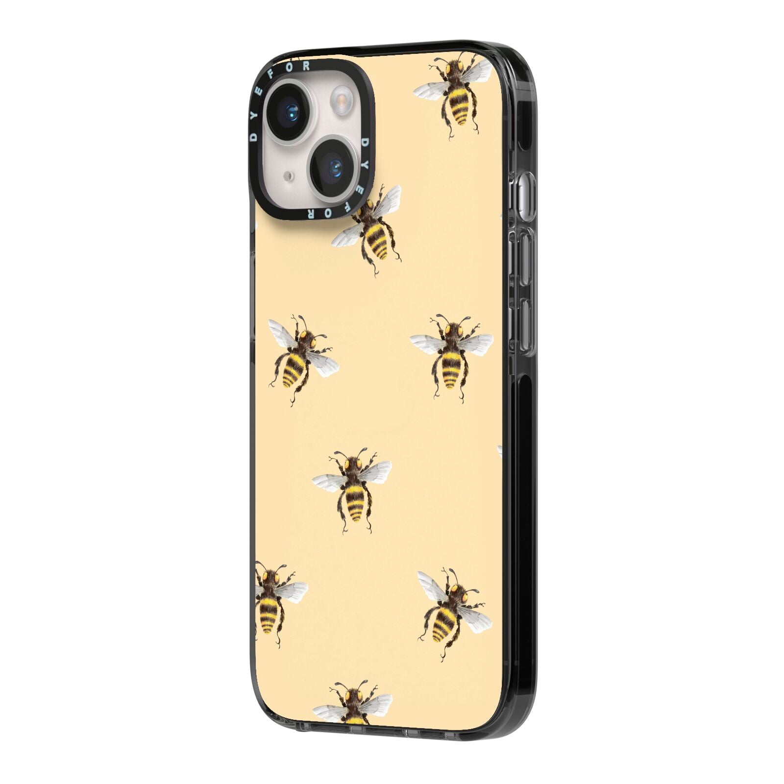 Bee Illustrations iPhone 14 Black Impact Case Side Angle on Silver phone