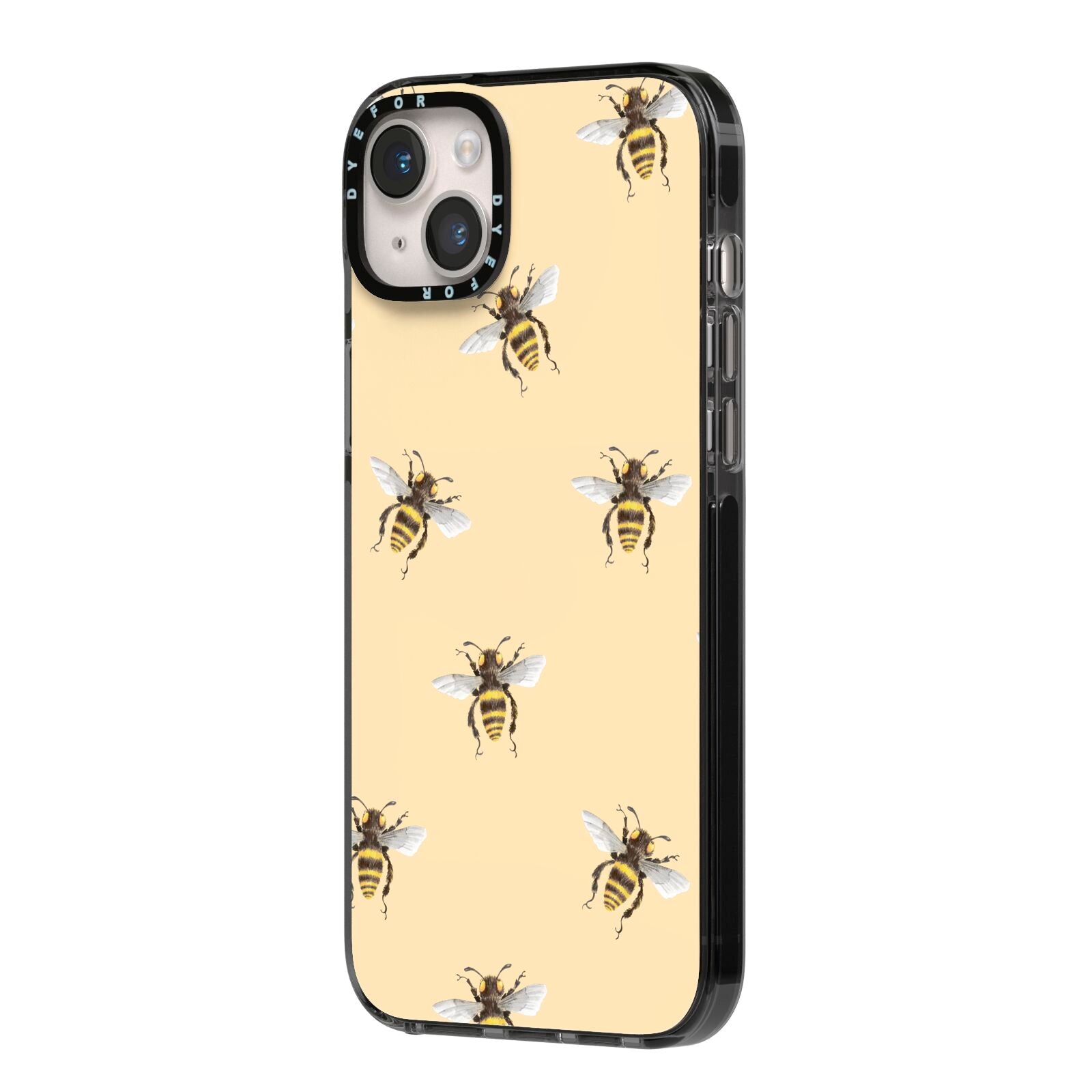 Bee Illustrations iPhone 14 Plus Black Impact Case Side Angle on Silver phone