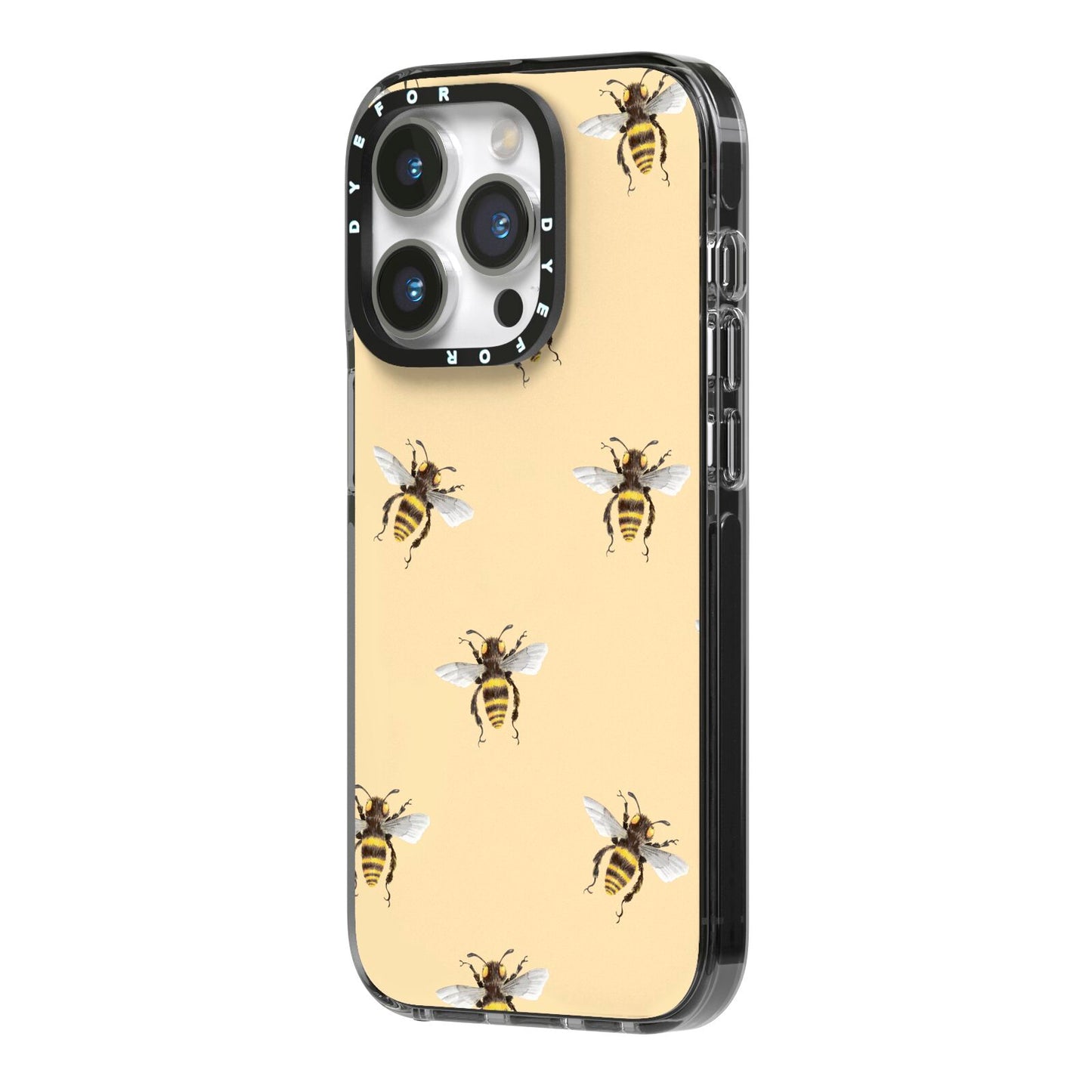 Bee Illustrations iPhone 14 Pro Black Impact Case Side Angle on Silver phone