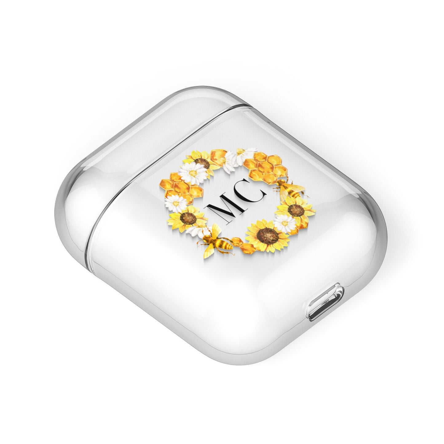 Bee Sunflower Wreath Personalised Initials AirPods Case Laid Flat