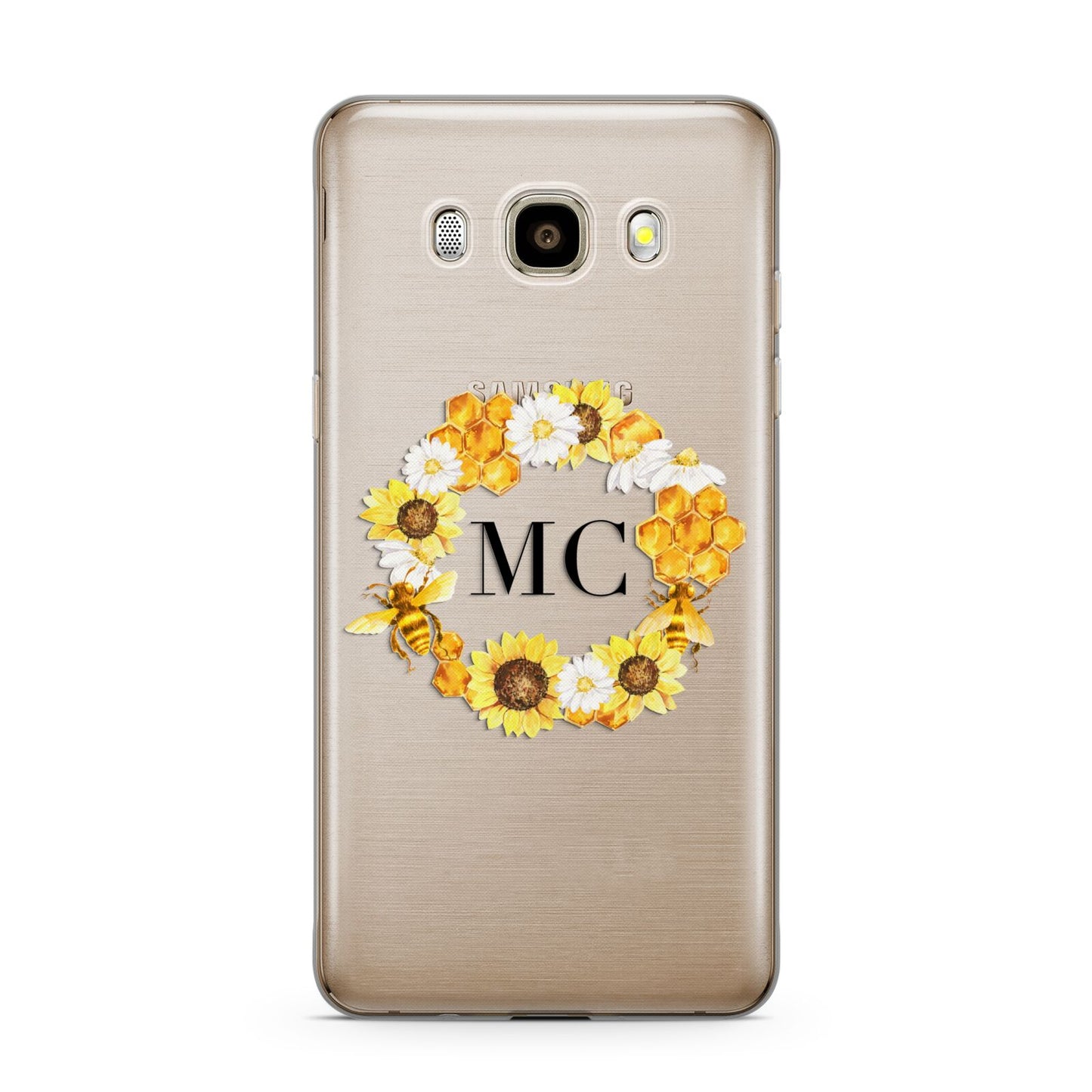 Bee Sunflower Wreath Personalised Initials Samsung Galaxy J7 2016 Case on gold phone