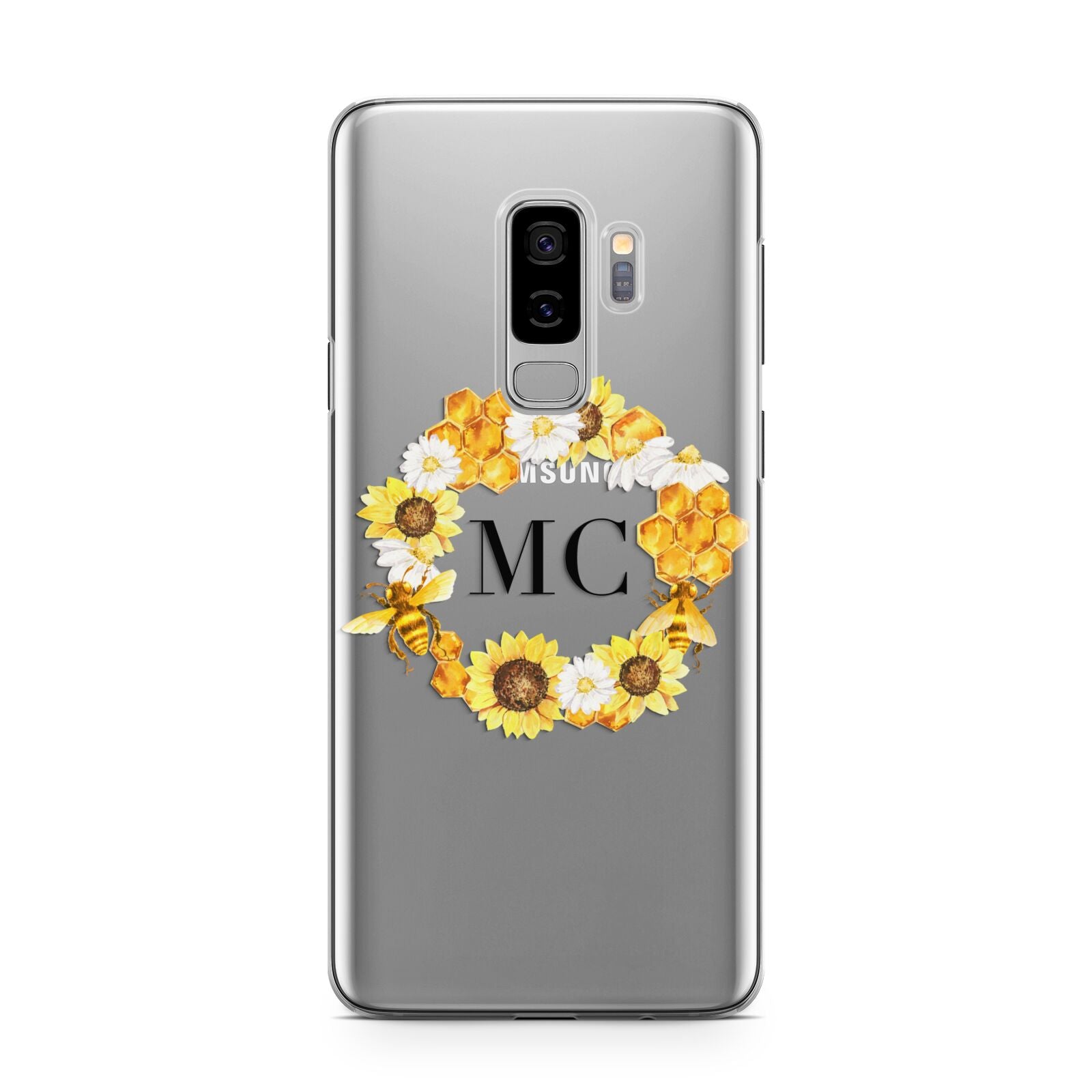 Bee Sunflower Wreath Personalised Initials Samsung Galaxy S9 Plus Case on Silver phone