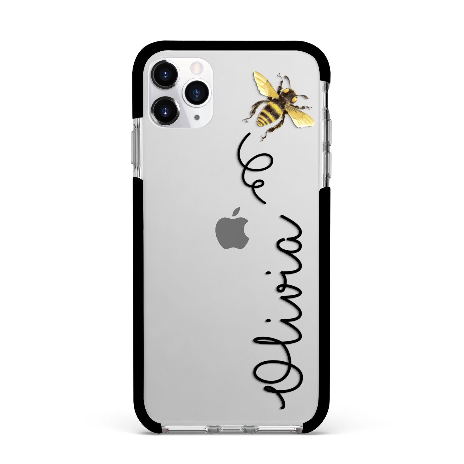Bee in Flight Personalised Name Apple iPhone 11 Pro Max in Silver with Black Impact Case