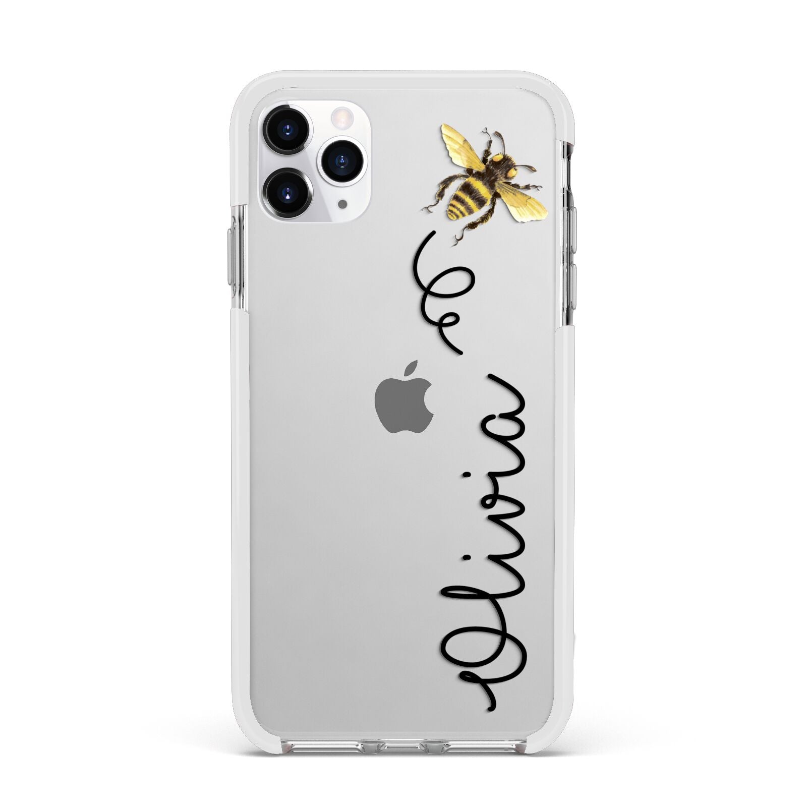 Bee in Flight Personalised Name Apple iPhone 11 Pro Max in Silver with White Impact Case