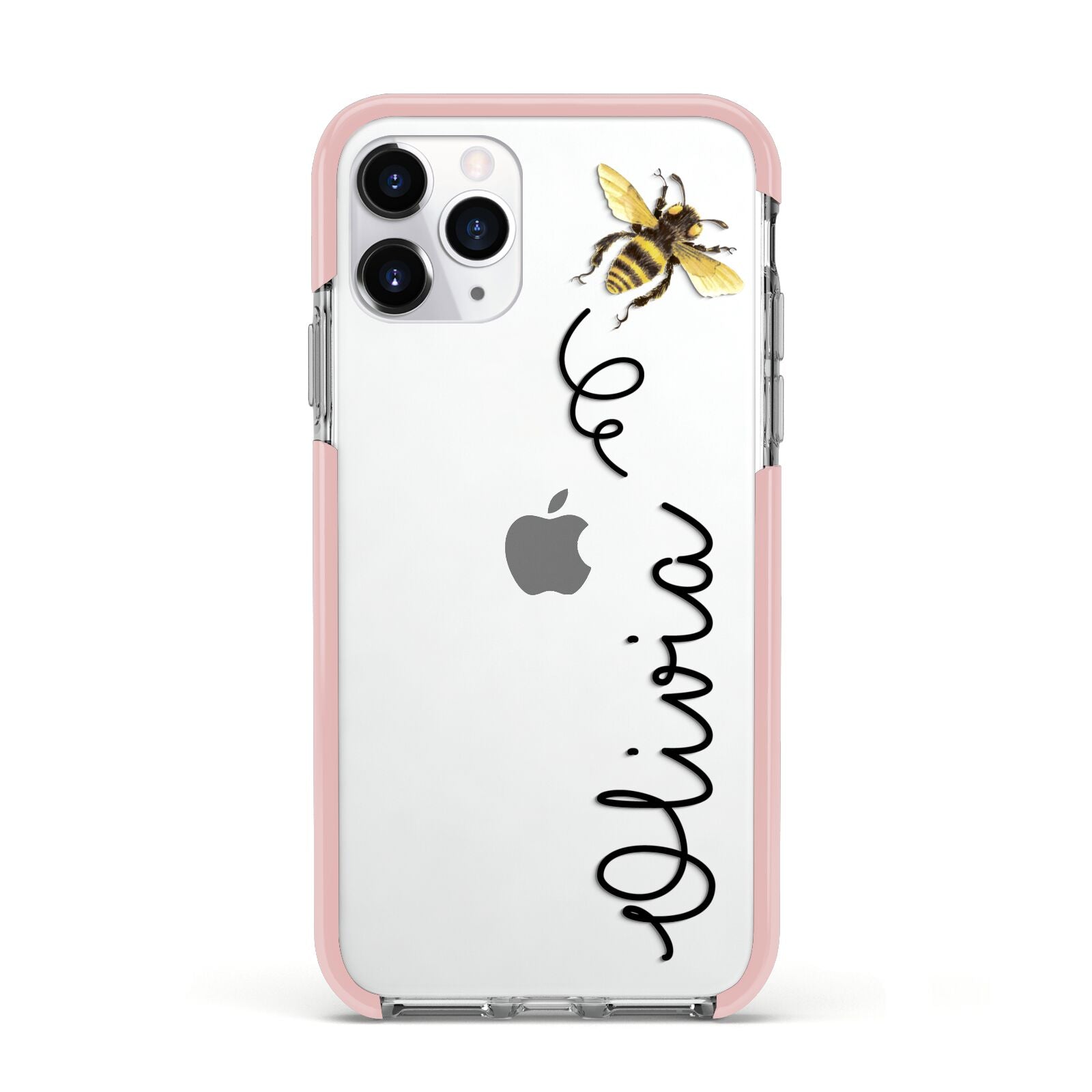 Bee in Flight Personalised Name Apple iPhone 11 Pro in Silver with Pink Impact Case
